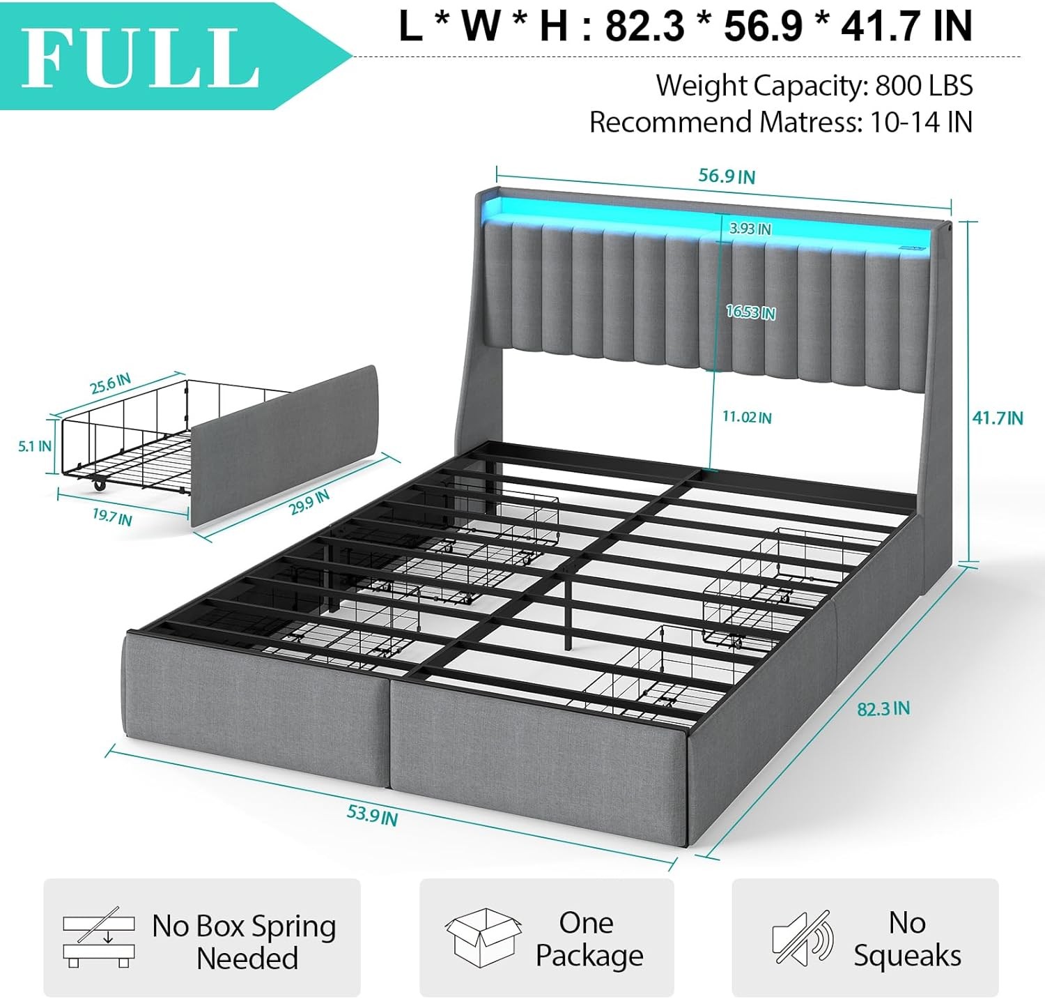 Full Queen Bed Frame with 4 Drawer and Upholstered Headboard &Charging Station