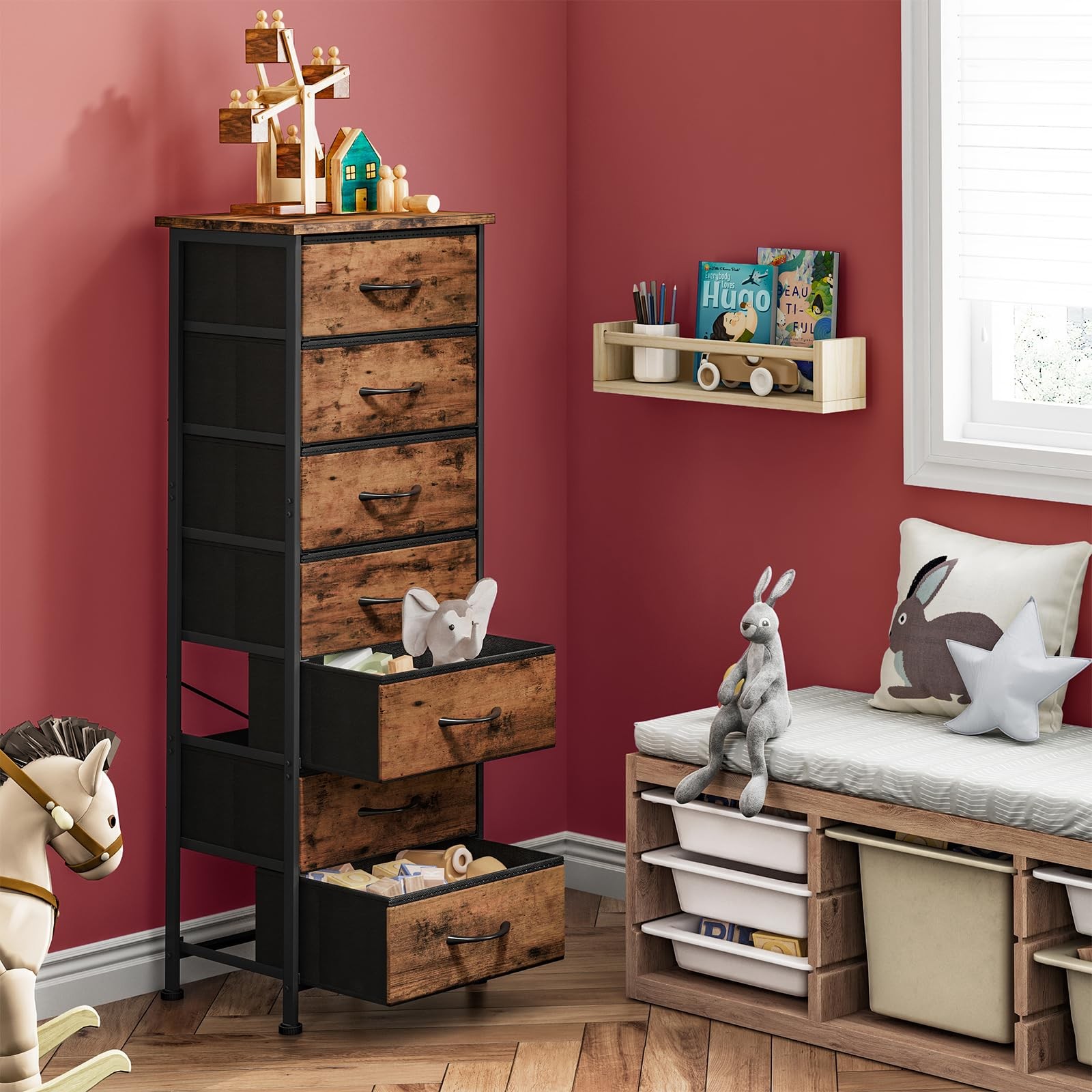 Fixwal Tall Dresser for 11.8″D x 15.7″W x 47.2″H (7 Drawers), Rustic Brown