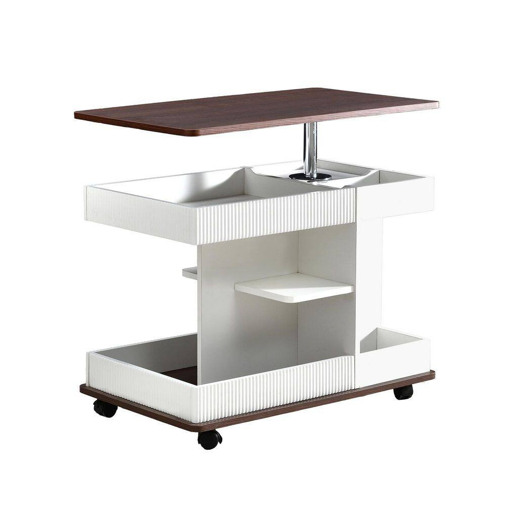 29.5 In. White Rectangle MDF Adjustable End Table with Wheels Sofa Side Table wi