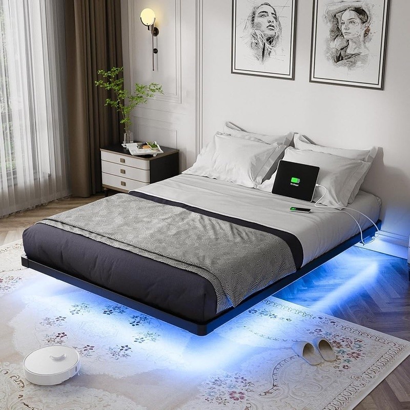 Modern Floating Bed Frame LED Lights Integrated Charging Station Metal Structure