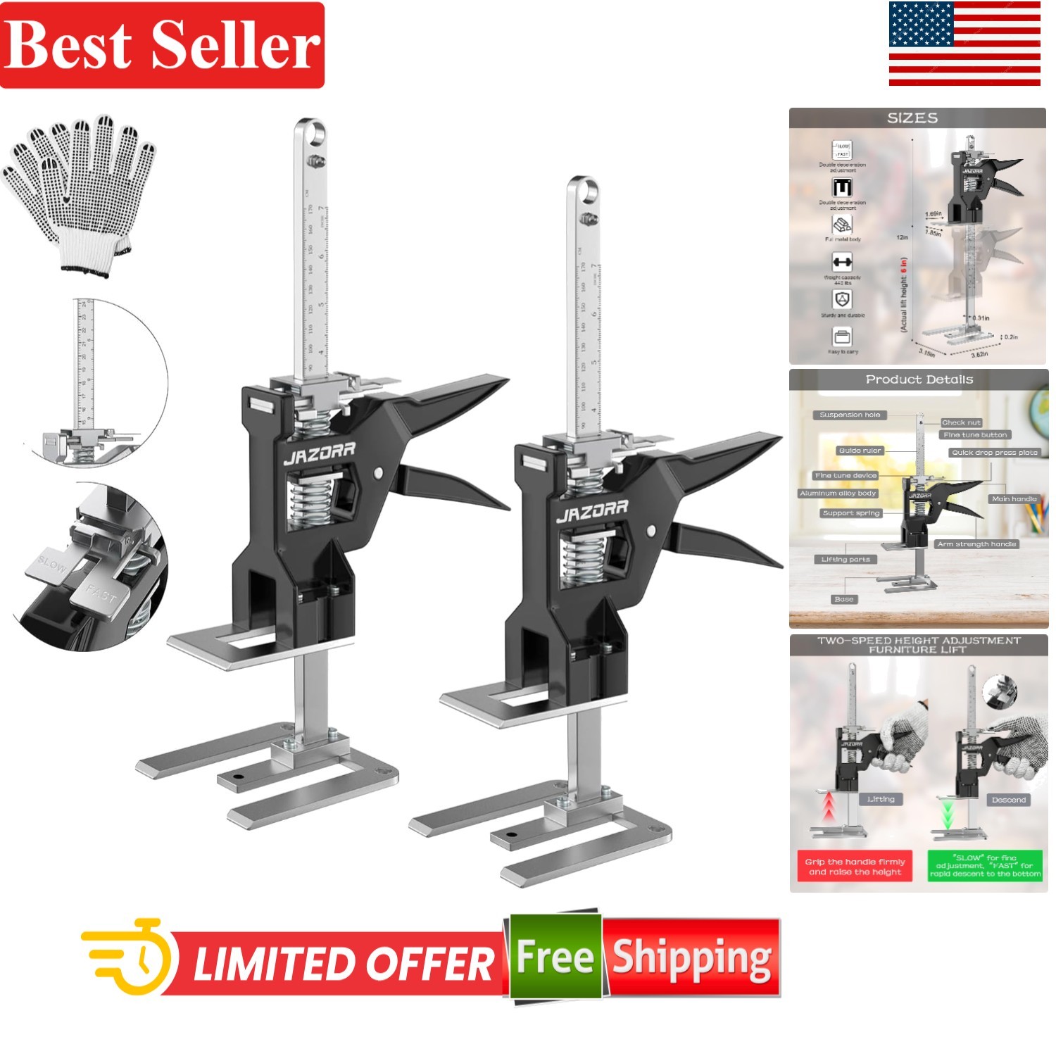 Furniture Jack 2Pcs 12 Inch Stainless Steel Adjustable Lift Support for Door …