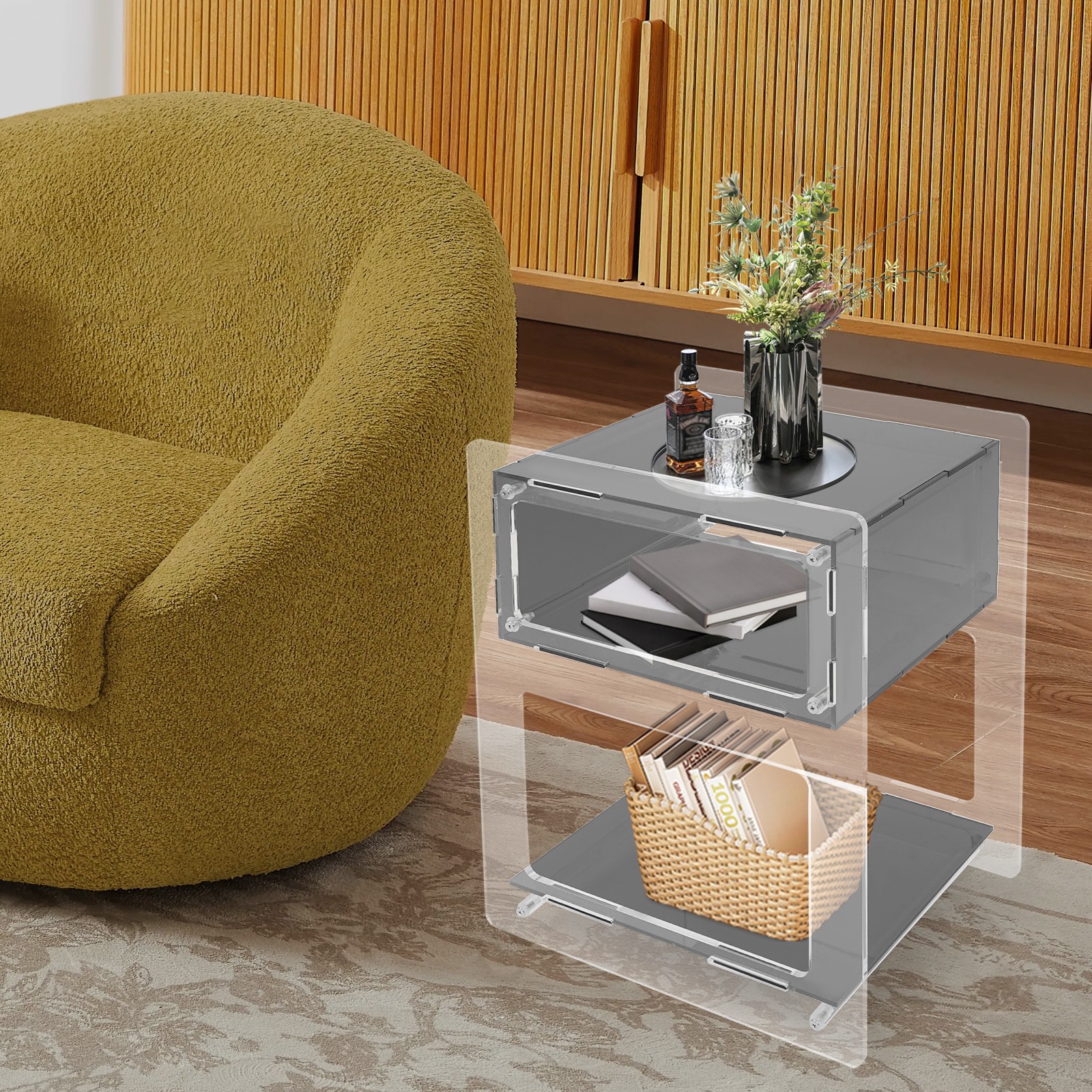 Acrylic Sofa Side Table Black Nightstand Rectangle Storage Shelf Coffee Table