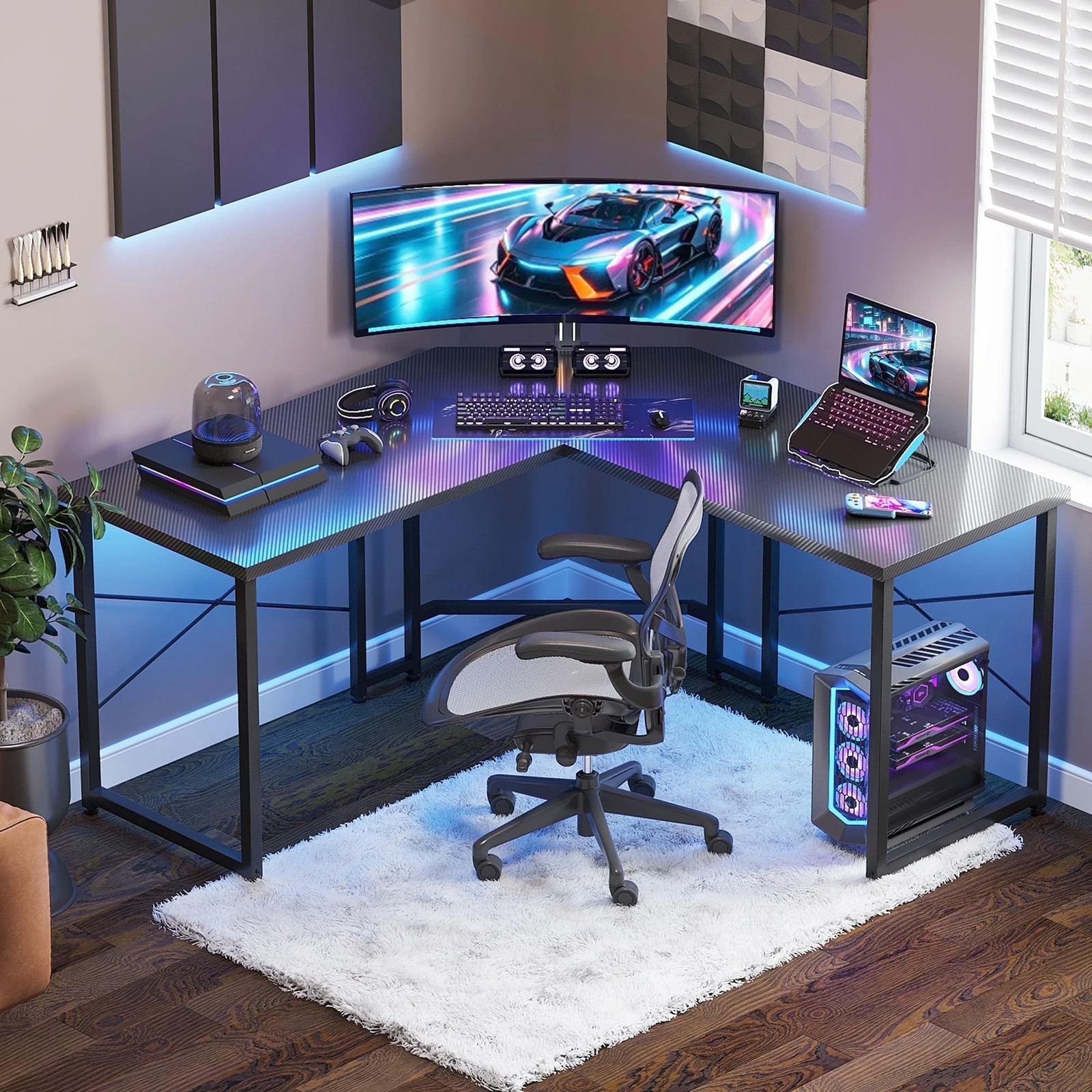 51 In Carbon Fiber Black L-Shaped Gaming Desks Home Office Corner Computer Desk