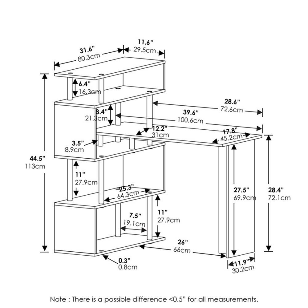 Pemberly Row L-Shape Computer Desk with 5-Tier Shelves in Americano/Black