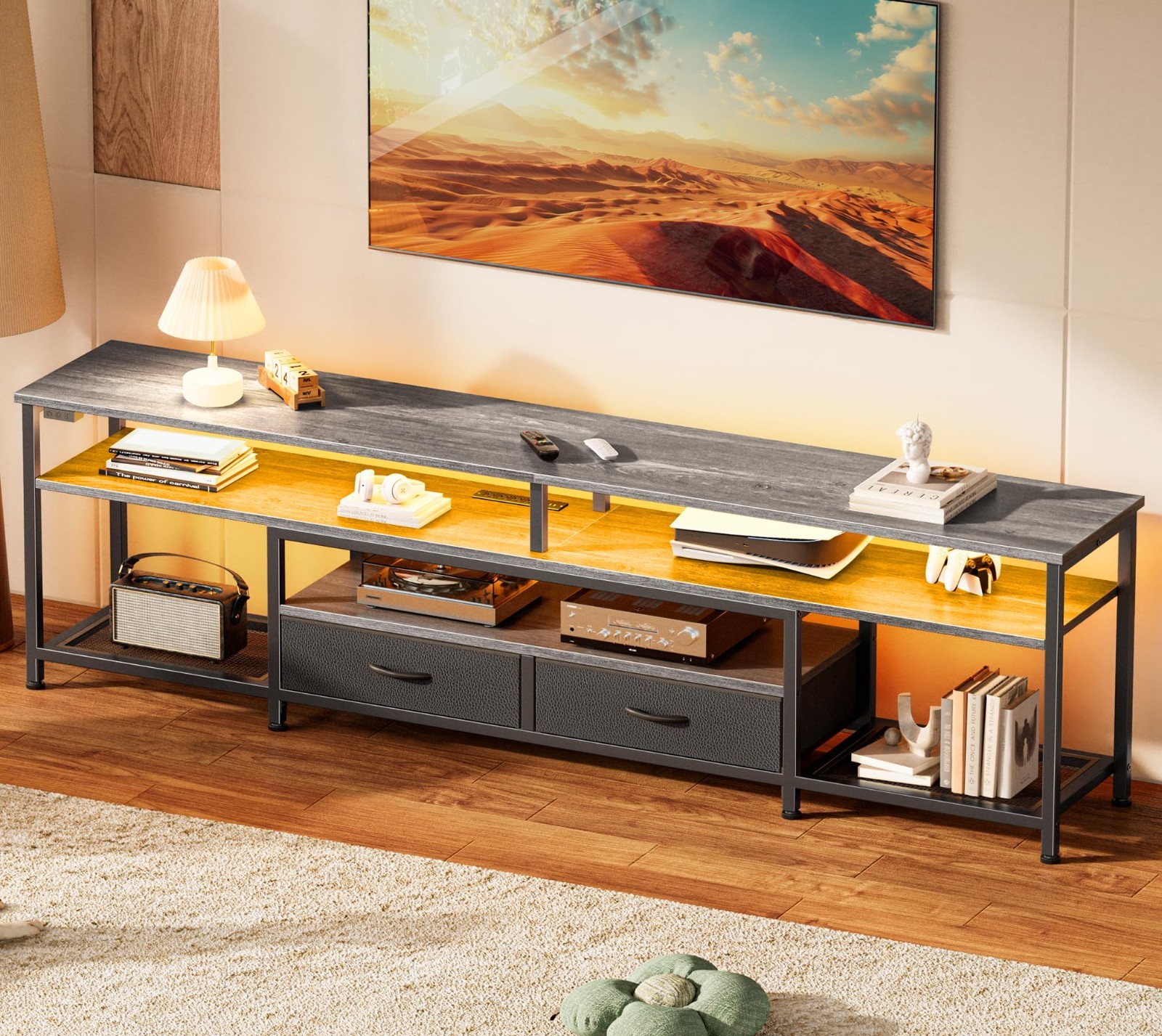 Spacious TV Stand for 75-80 Inch TVs, LED Lights, Power Outlets, Storage Drawers
