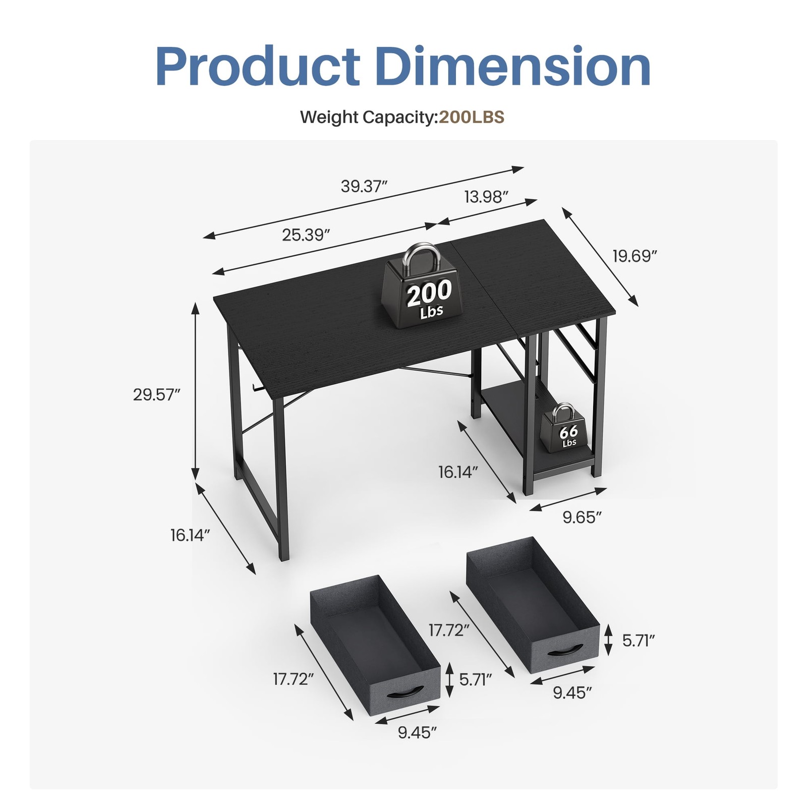 CONCETTA 40in Small Computer Desk with 2 Drawers, Side Headphone Hook, Writing W