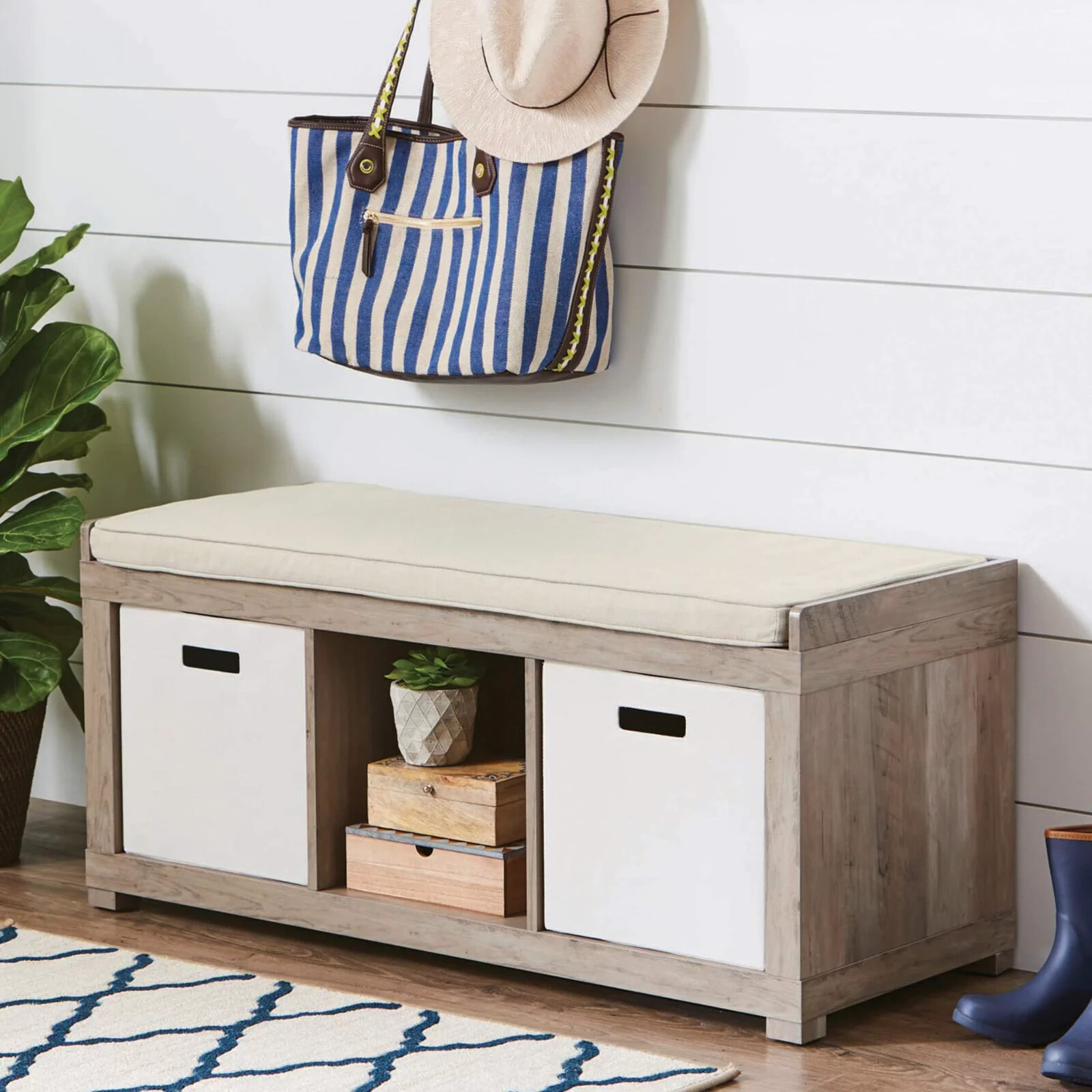 3-Cube Entryway Wood Storage Bench with Upholstered Sitting Cushion, Rustic Gray