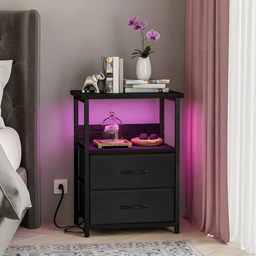 Modern Smart Nightstand with Charging Station LED Light