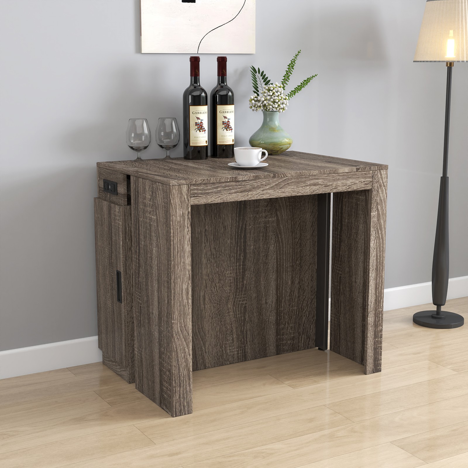 Modern Extendable Dining Table w/Outlet, Space Saving Expandable Table w/Storage