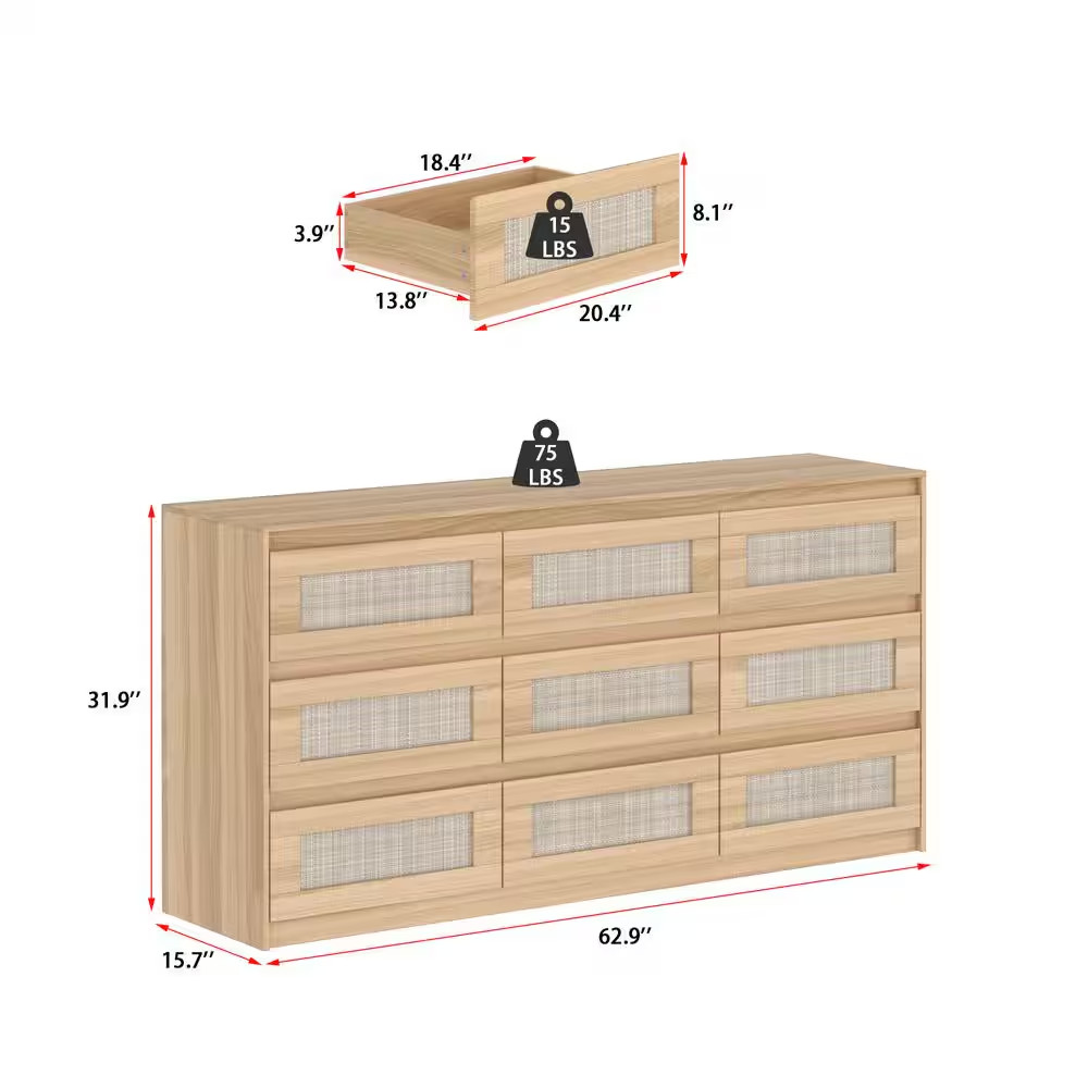 Rattan Wood Finish 9-Drawer 62.9 In. X 15.7 In. X 31.9 In. Dresser, Wooden Chest