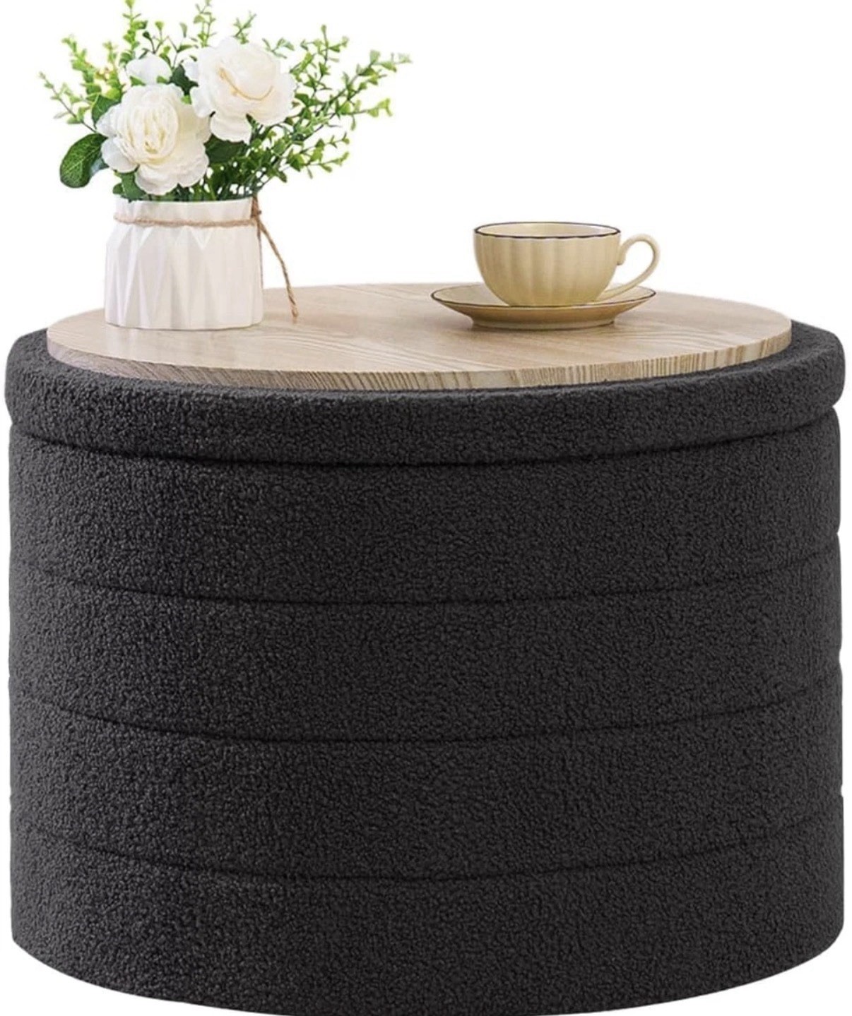 Round Ottoman with Storage, foldable Footstool, Boucle Foot Rest 22in
