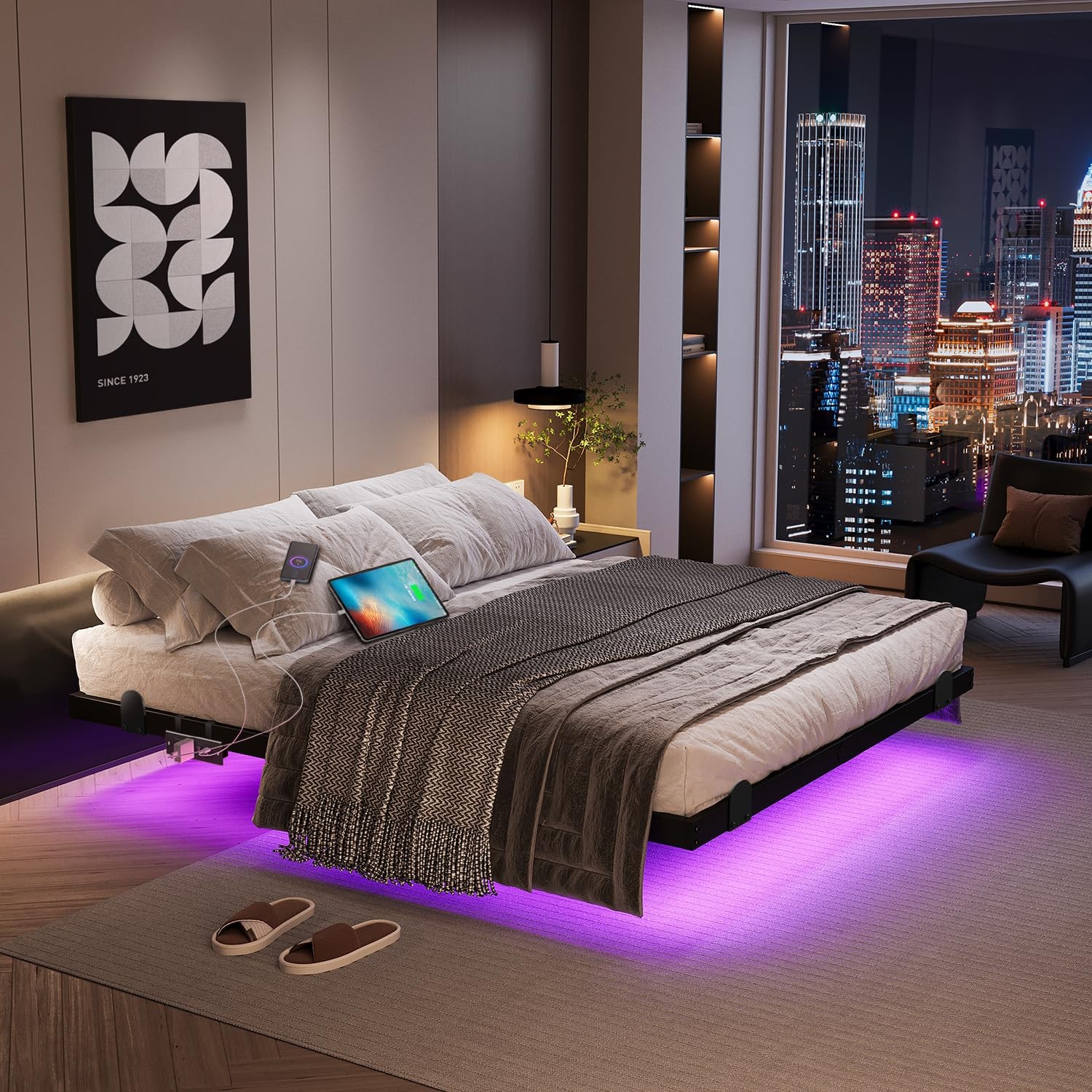 Floating Bed Frame with LED Lights and Charging Station, 10 Inch Floating Bed…