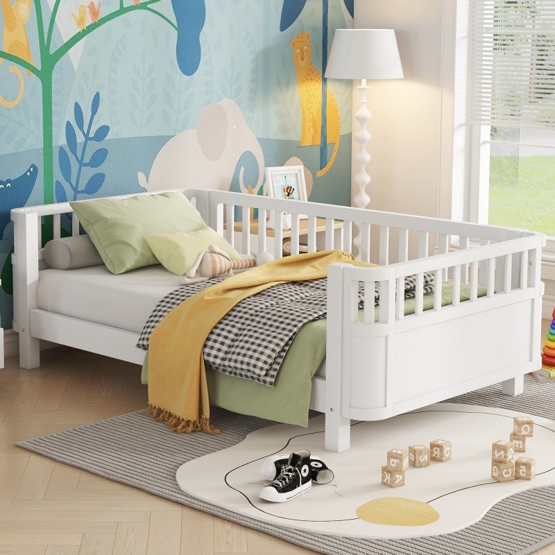 Twin Size Wood Platform Bed for Kids,Wood Low Profile Bed Frame with Rails White