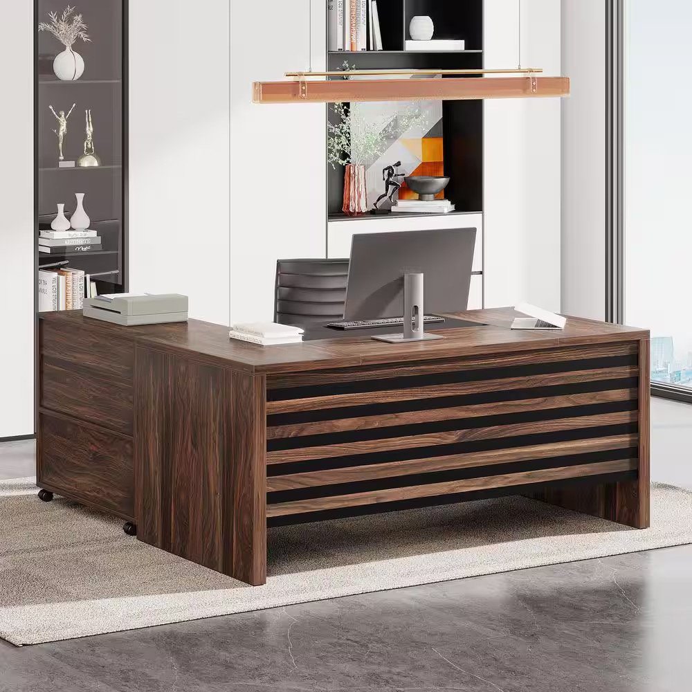 Halseey 62.2 In. X 31 In. Executive L-Shaped Brown Black Wood Drawer Computer De