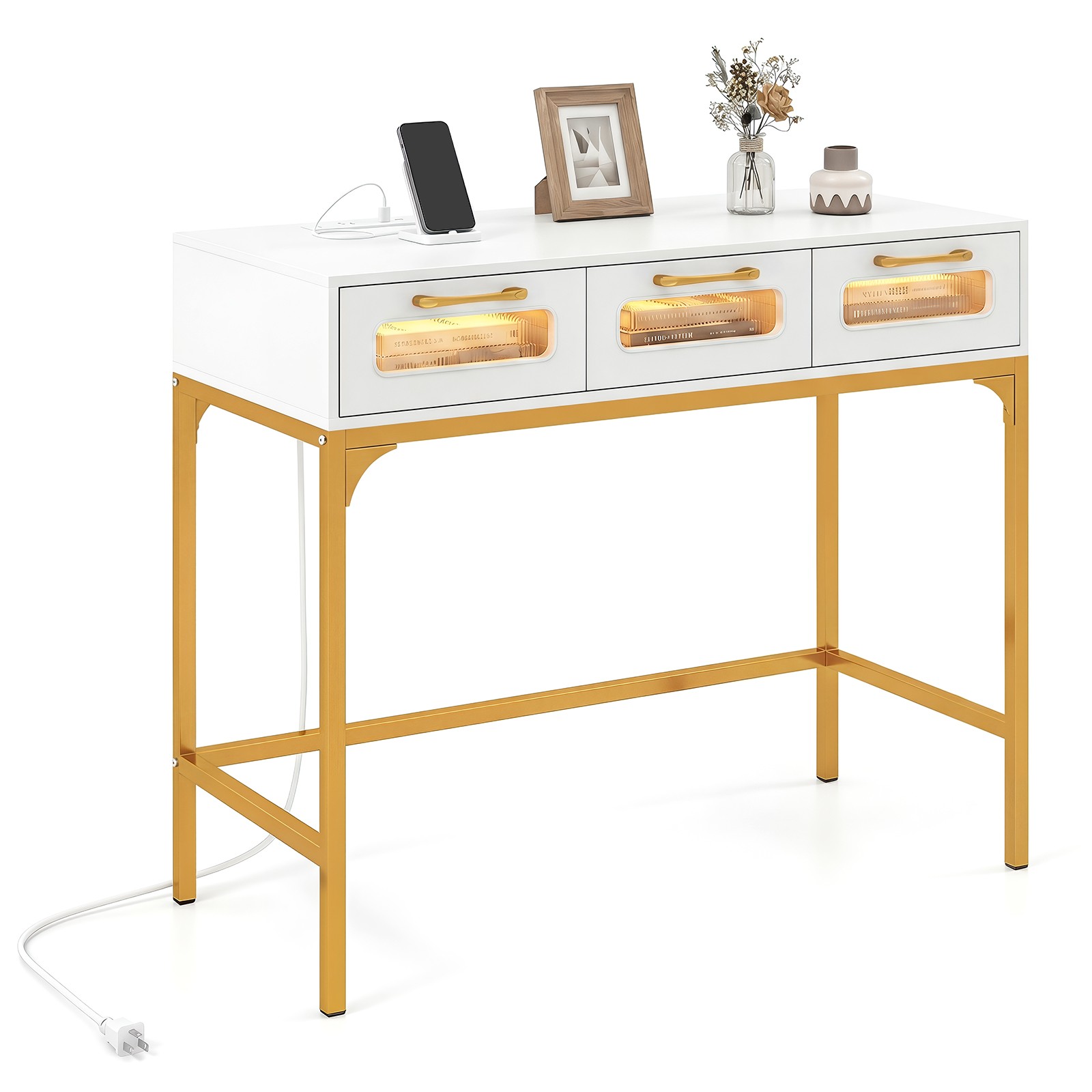 Console Table with LED Lighting & Charging Station,Entryway Table with 3 Drawers