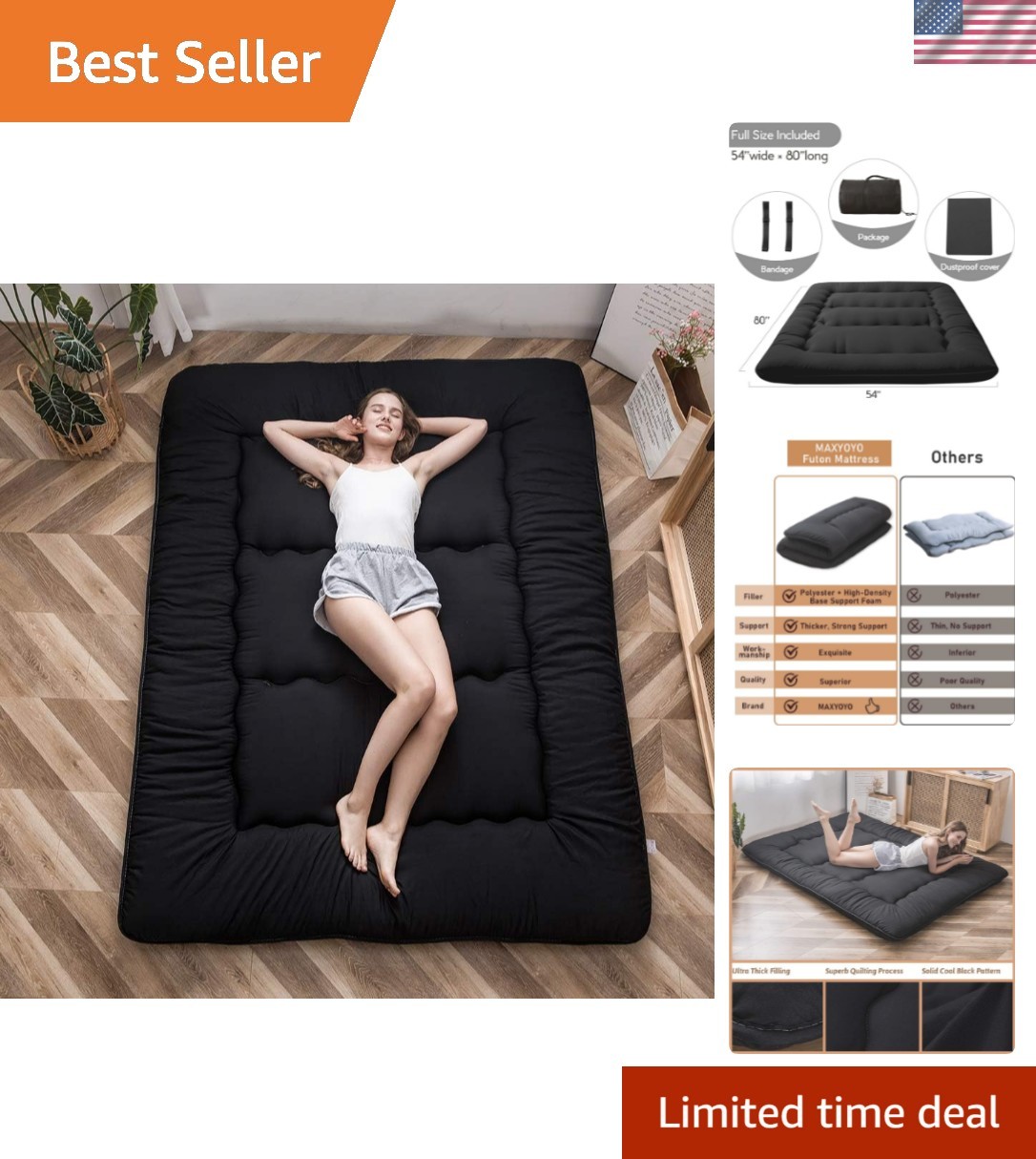 Japanese Floor Mattress Futon Mattress, 4″ Thicken Tatami Mat Sleeping Pad Fo…