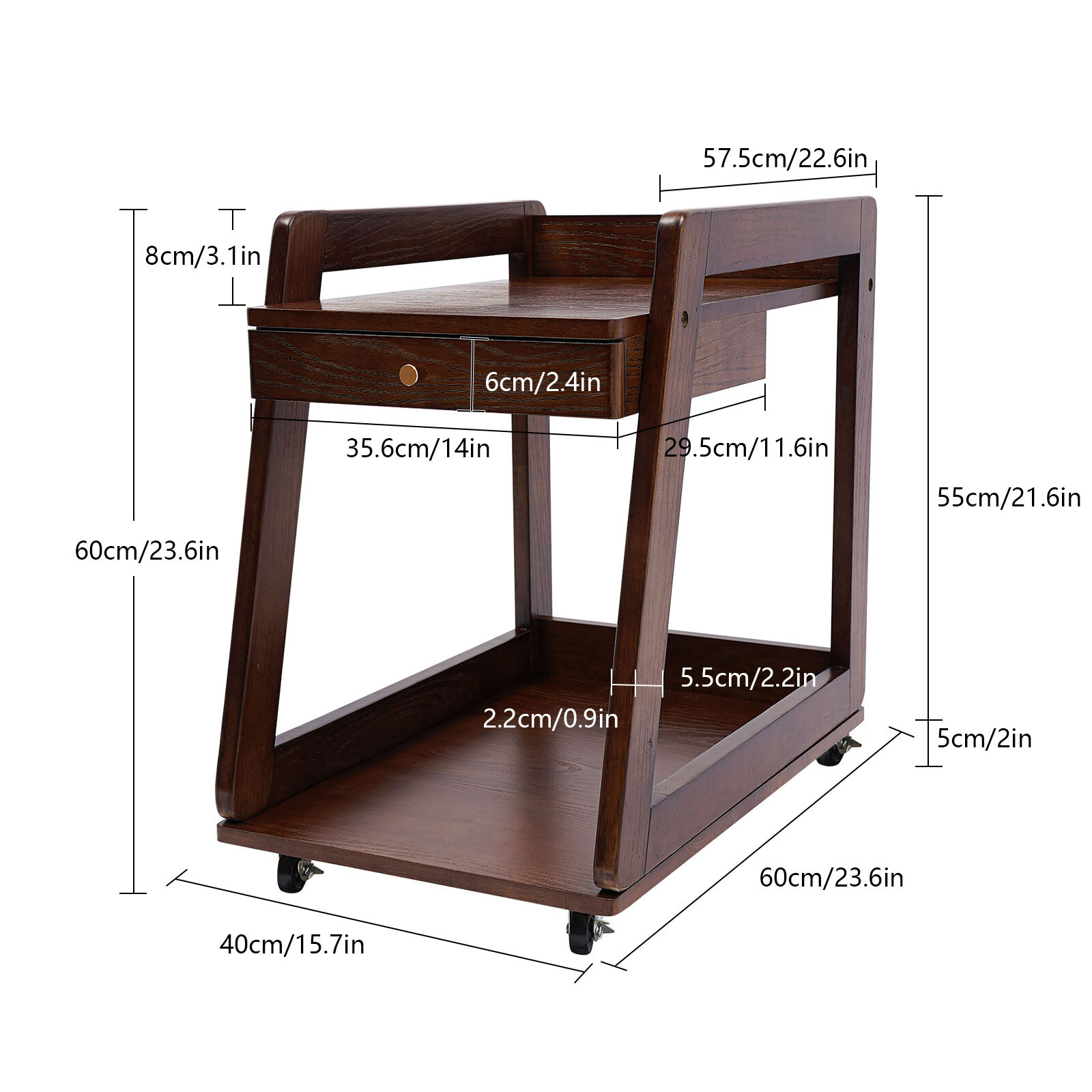Walnut Retro Wood End Table, 2-tier Side Table, Storage Couch Table with Wheels