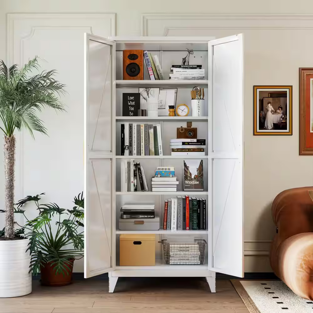 32 In. W X 75 In. H X 16 In. D White Metal Freestanding Storage Cabinet, Kitchen