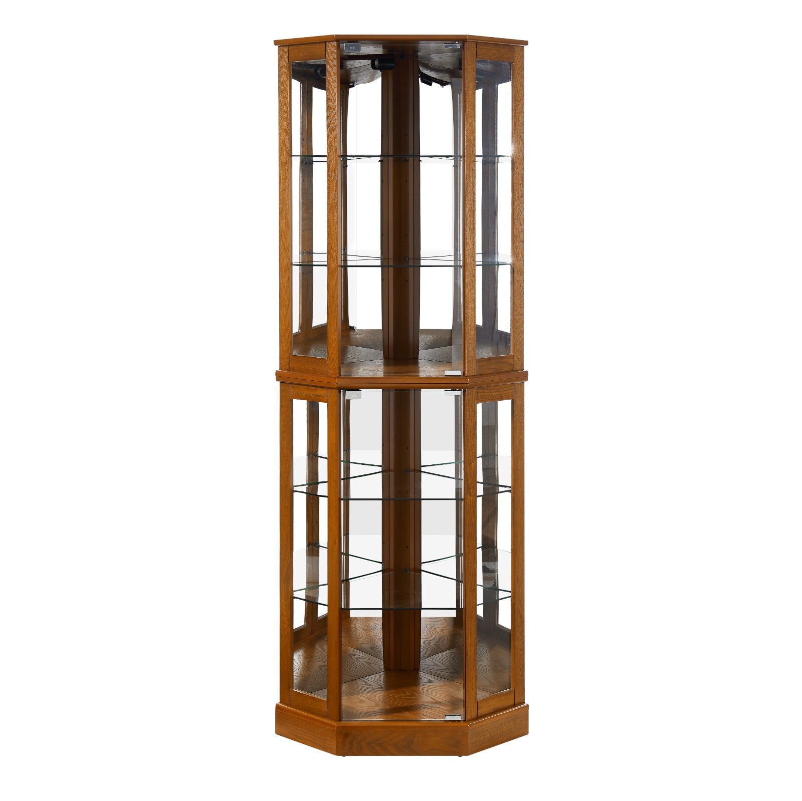 72 Inch Corner Display Cabinet w/ lights, Tempered Glass, 6 Shelves, Oak