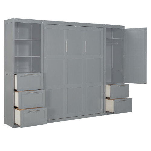 Queen Size Murphy Bed Wall Bed with Closet and Drawers Foldable Bed w/ Wardrobe