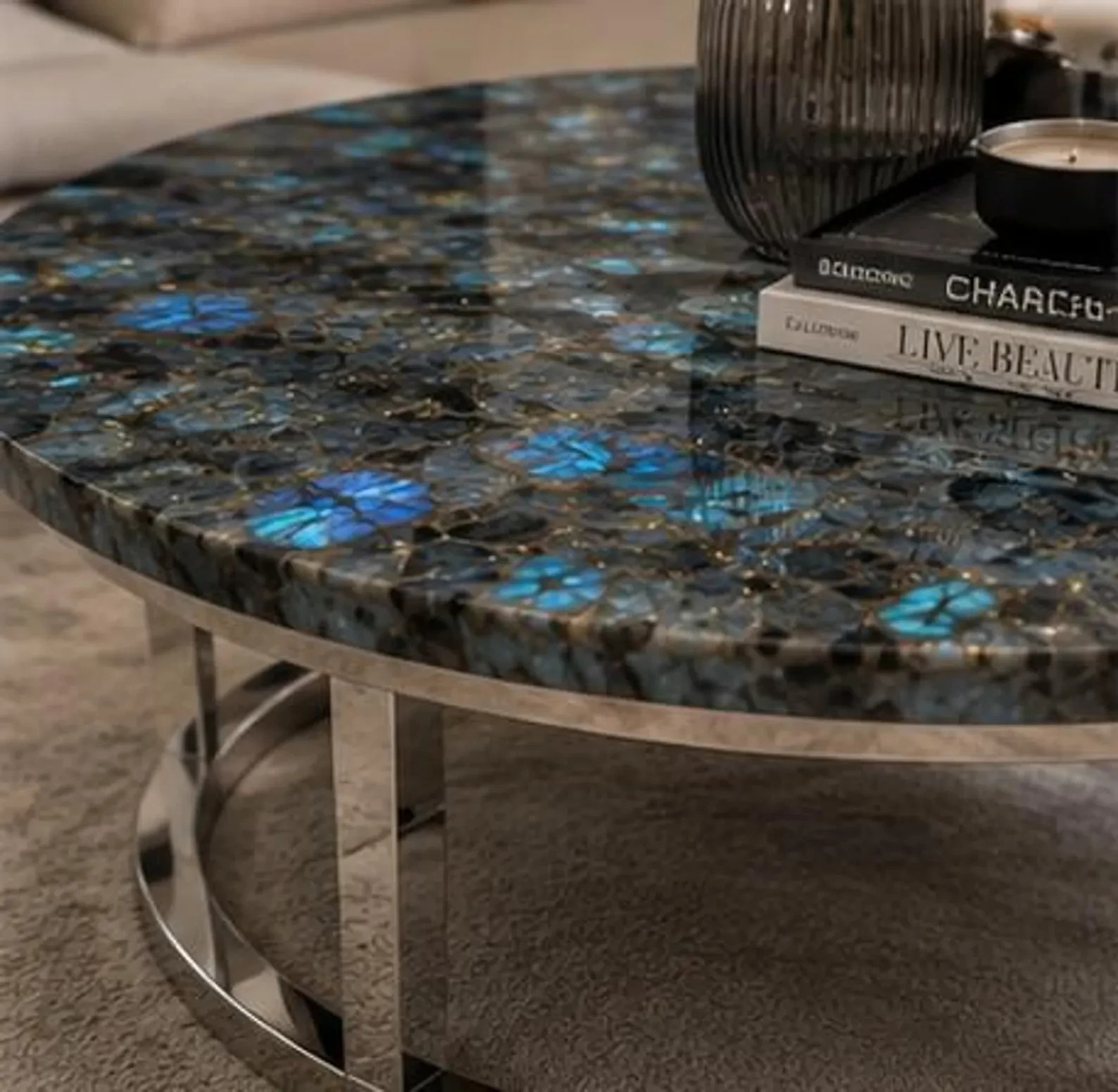 Round Labradorite Coffee Table | Iridescent Blue Flash Gemstone Top | Luxury Art