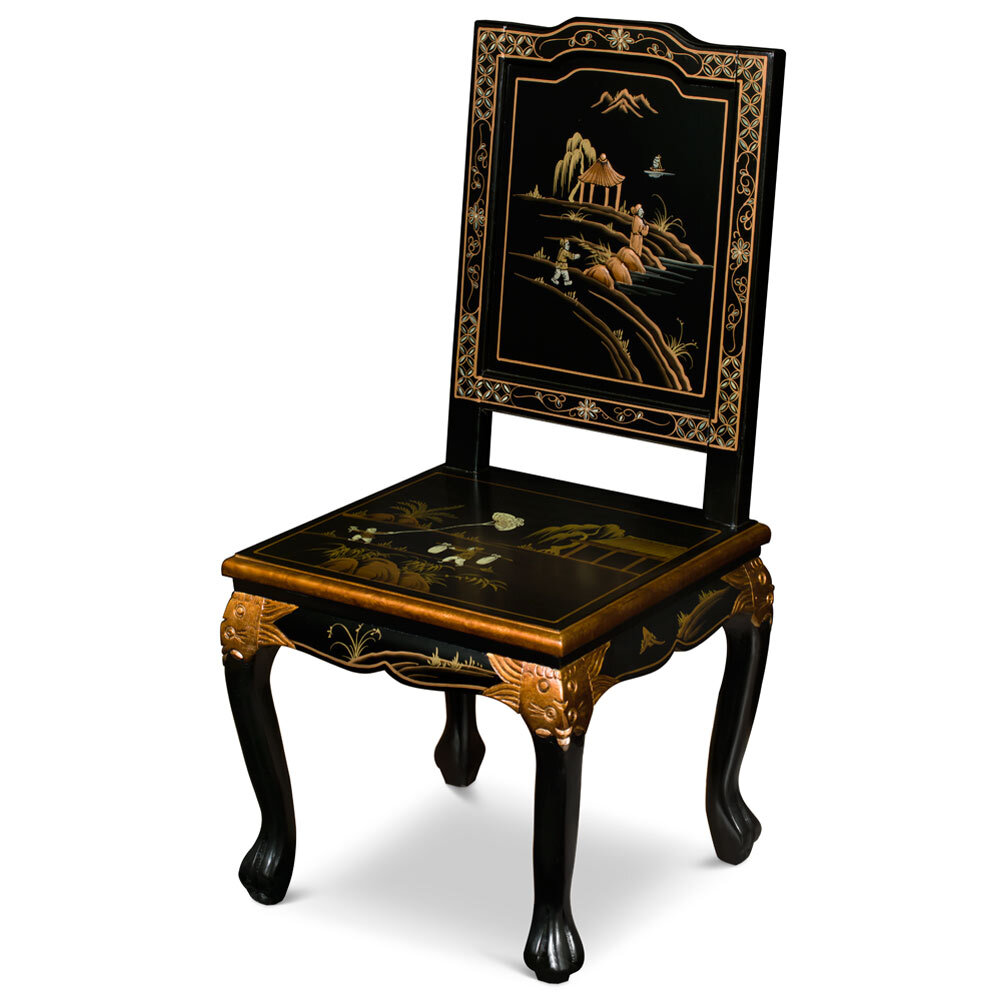 US Seller Black Queen Anne Chinoiserie Scenery Motif Oriental Accent Chair