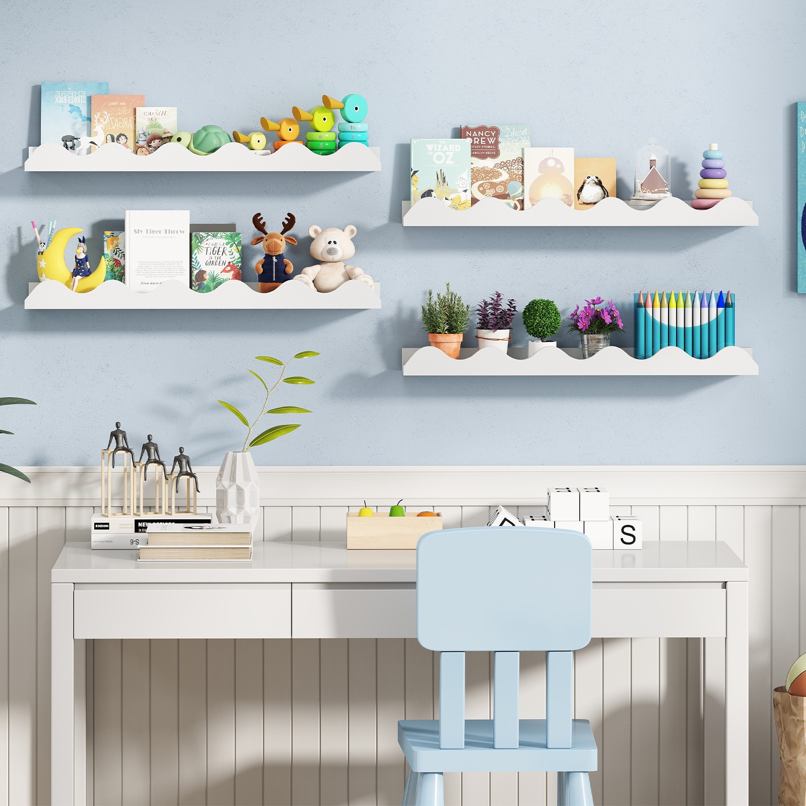 Kids Bookshelf Set of 4 with Fir Wood Structure & Wavy Anti-Falling Edge