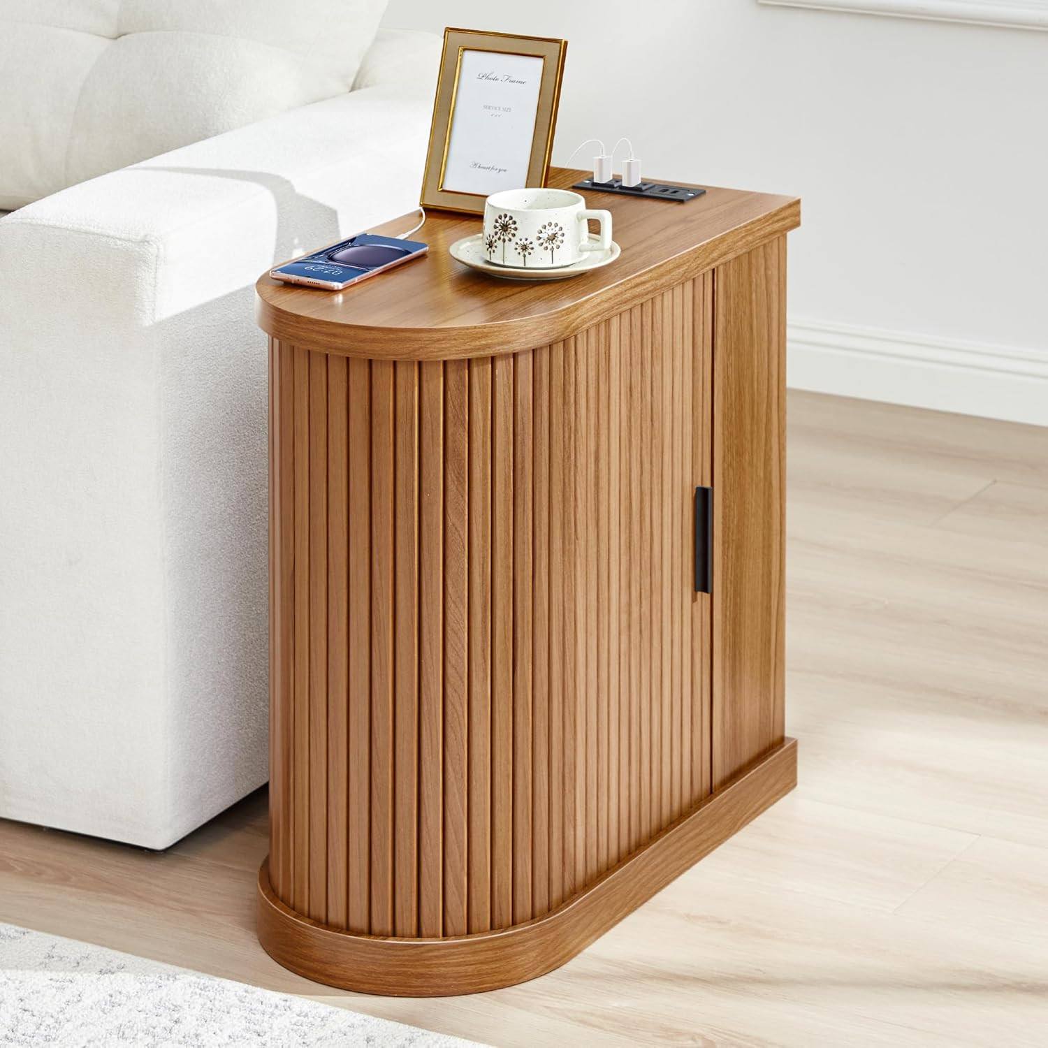 Small End Table, Narrow Side Table, Skinny Nightstand with Charging Station, Mid