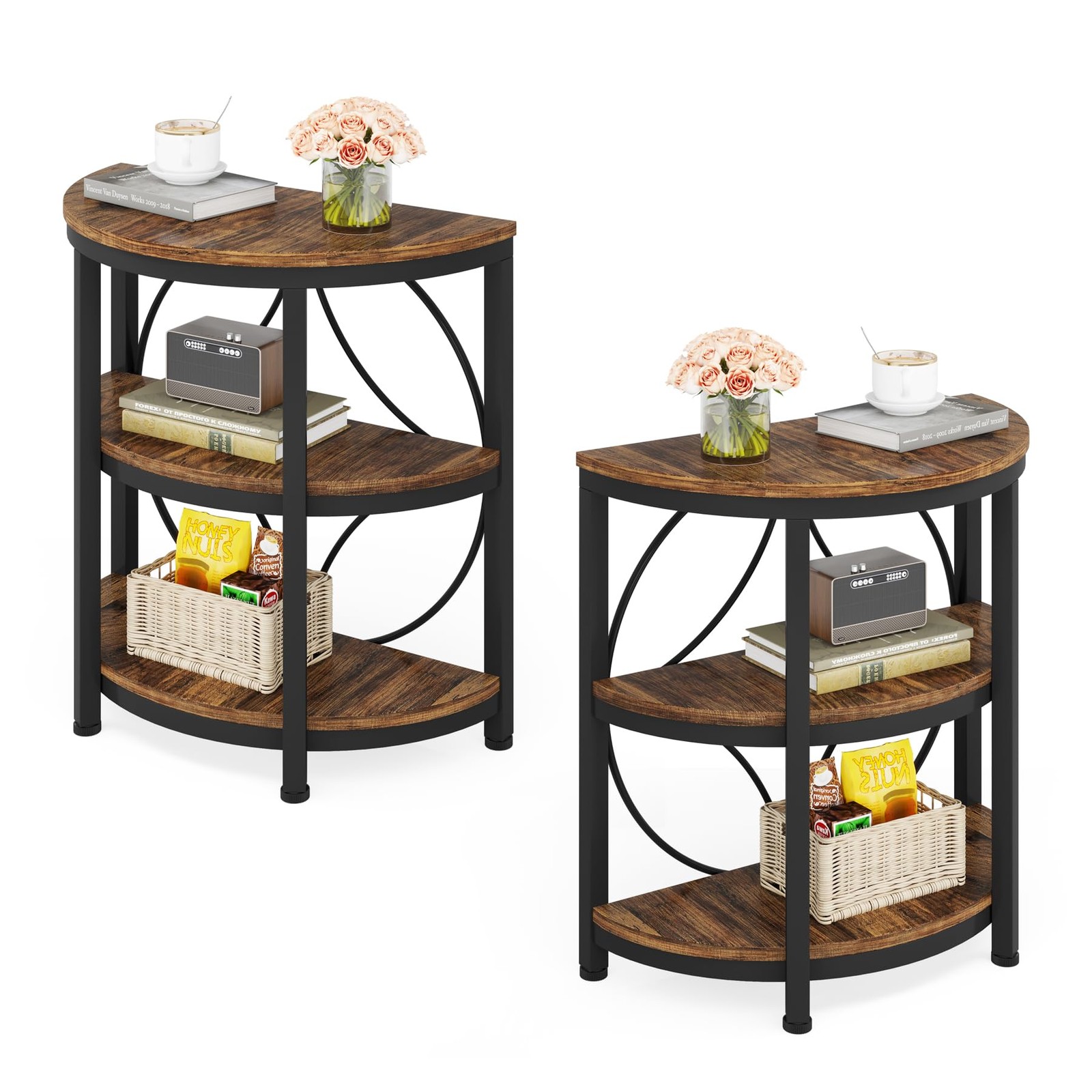 Half Round 3-Tier End Table Set of 2 Industrial Metal Frame Brown Side Tables