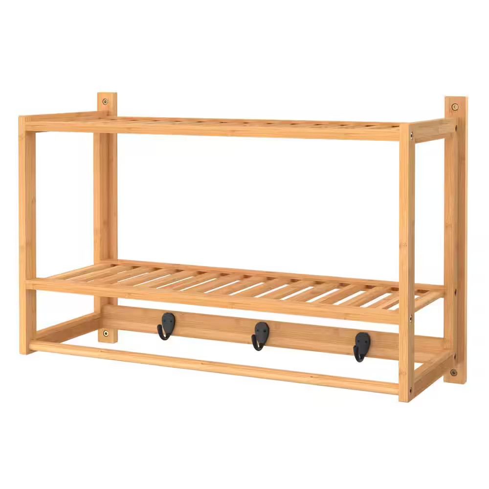 23.6 In. W Bamboo Wall-Mounted Wood Shelving with Hooks