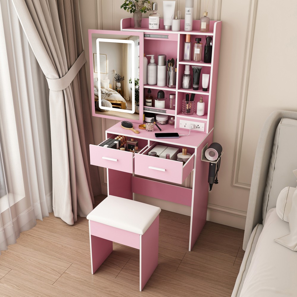 Space-Saving Vanity Table LED Mirror Built-in Power Outlet with Cushioned Stool
