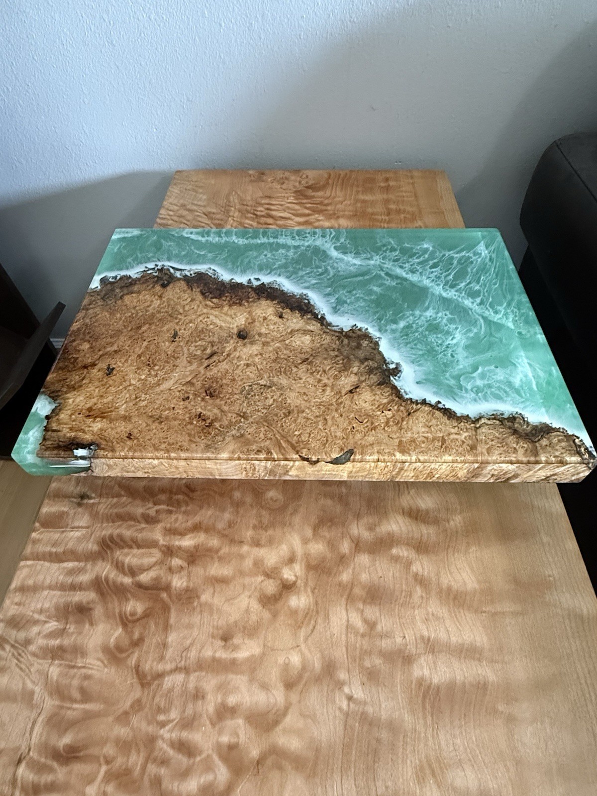 Handmade Maple Burl Wood Epoxy Art Beach Charcuterie Sushi Board 16.5×11.5In New