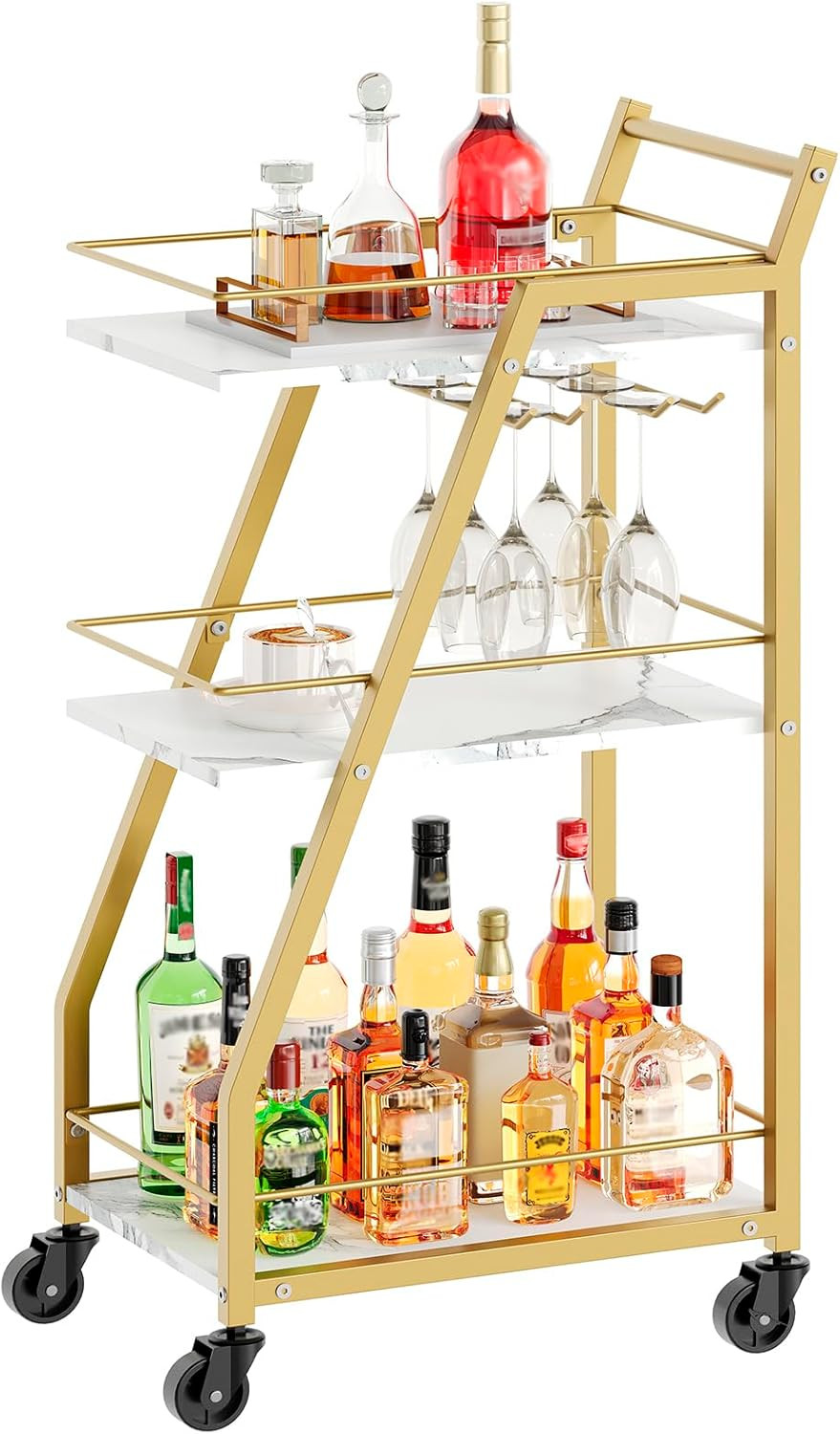 Bar Cart, 3-Tier Home Bar Serving Cart with Wheels, Drink Cart with Glass Holder