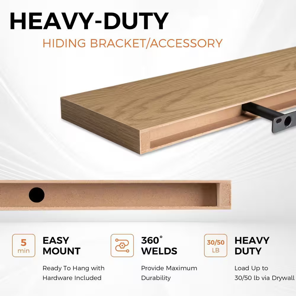 36 In. W X 6.5 In. D Oak Wall Mounted Floating Shelves with Invisible Brackets,