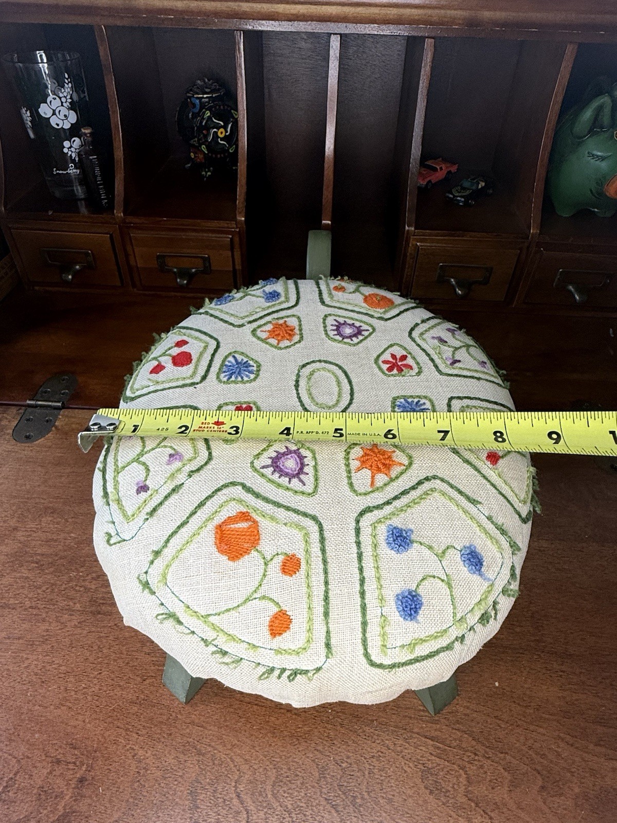 VTG Handmade Turtle Footstool – Embroidered Top – Green Wood Base – Folk Art