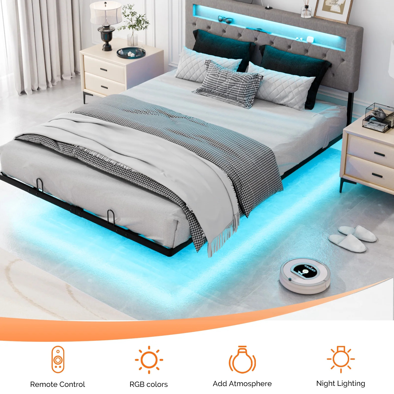 QUEEN SIZE Floating Platform Bed Frame With Charging Station Storage Headboard