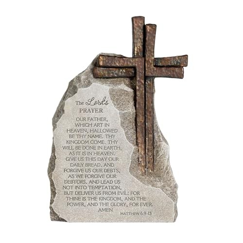 The Lord’s Prayer Stone Decor with Bronze Color Cross, 9.4 inches, Gray