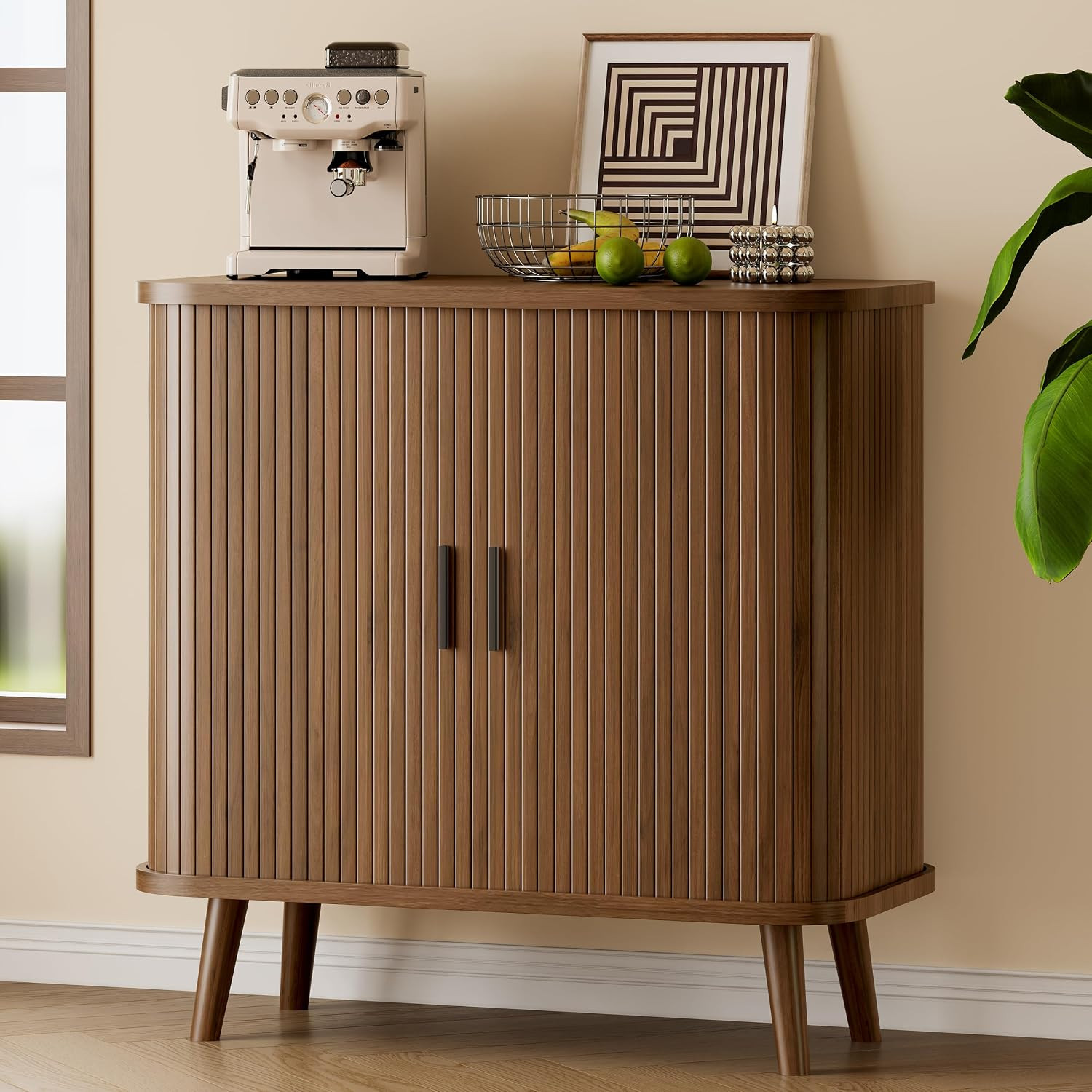 Sideboard Buffet Cabinet with Sliding Door, 31.5″ Wide Fluted Modern Accent Stor