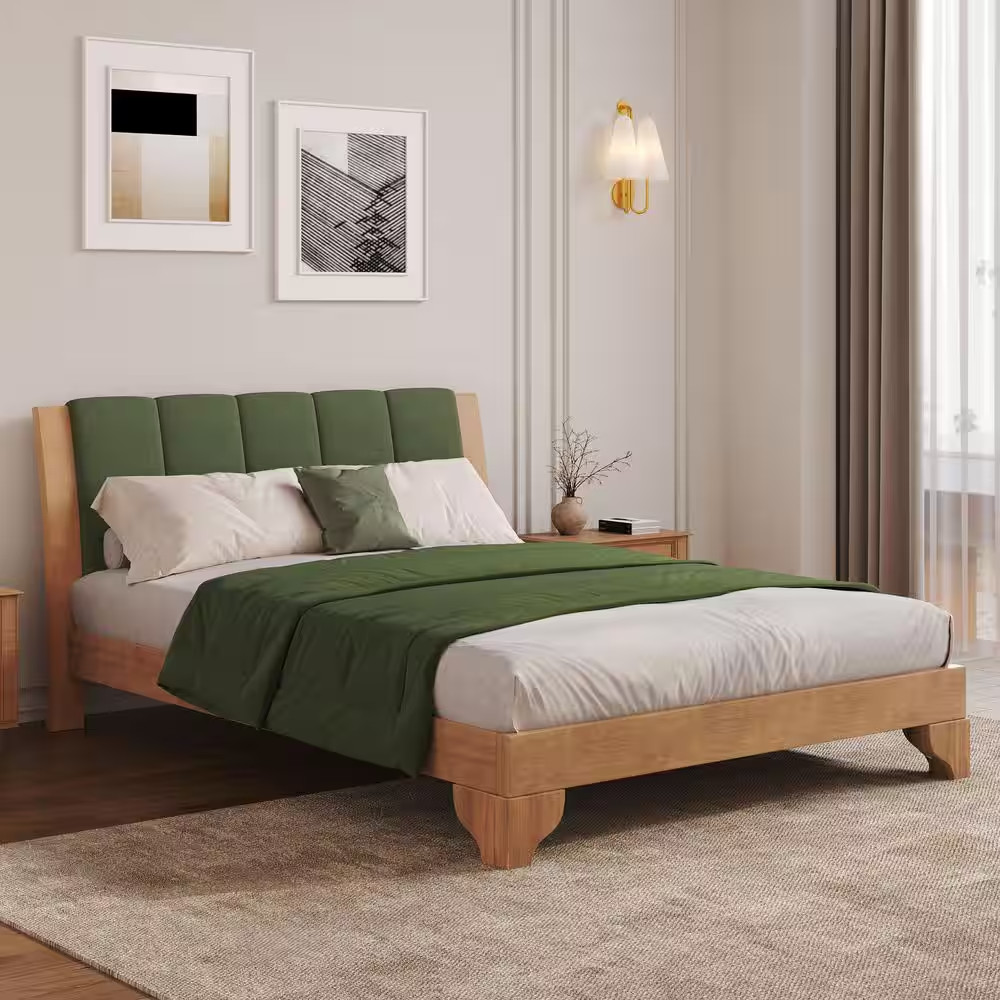 Green and Natural Premium Pine Wood Frame Queen Size Platform Bed with Upholster