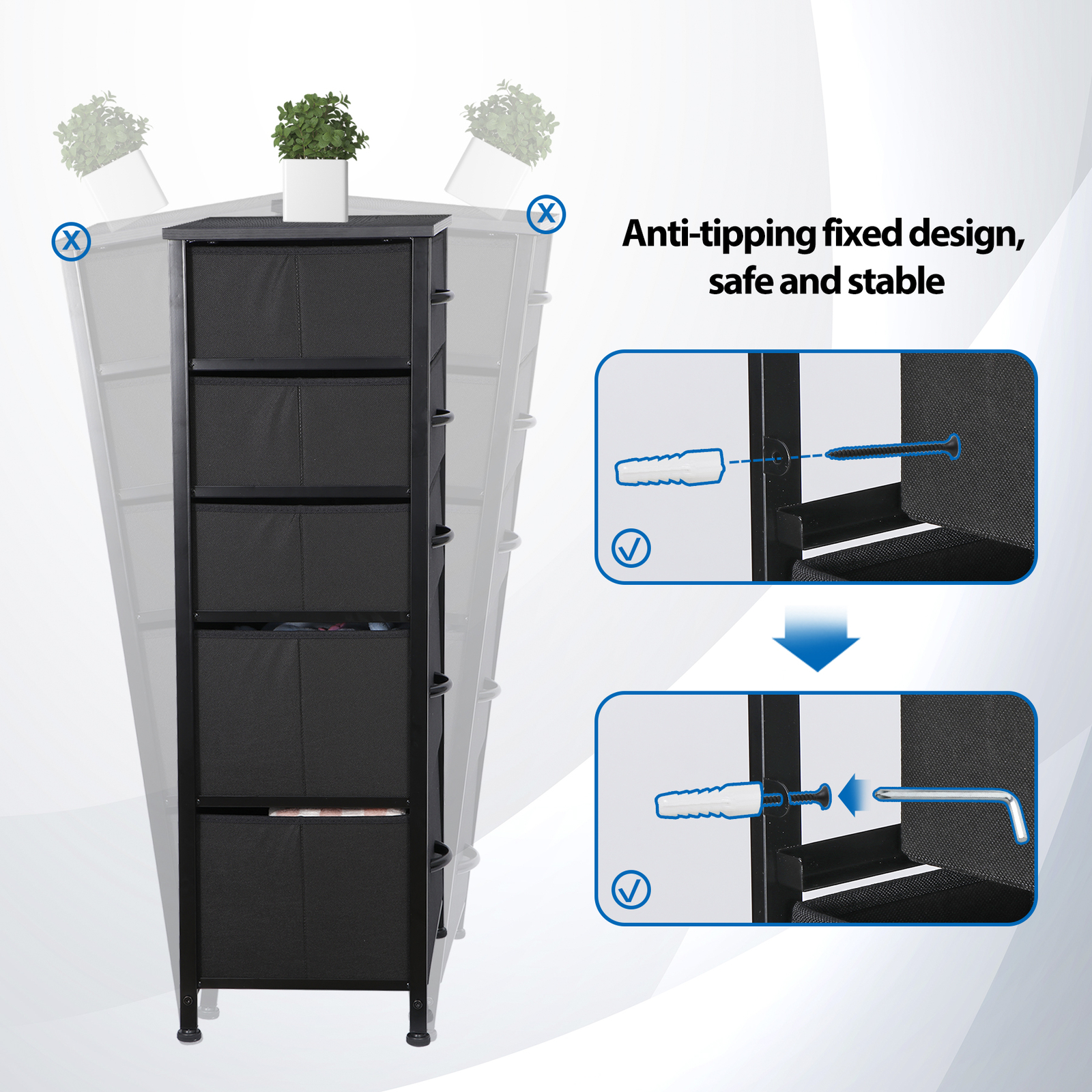 Fabric Dresser Storage with 5 Drawers Sturdy Metal Frame, Wood Top for Bedroom
