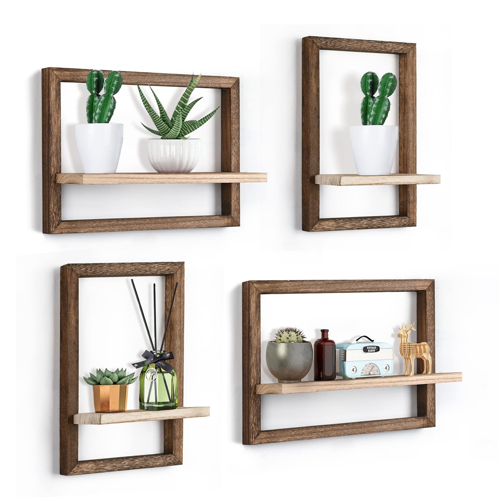 Rustic Wood Square Hanging Wall Mounted Floating Storage Shelves 4 PCS