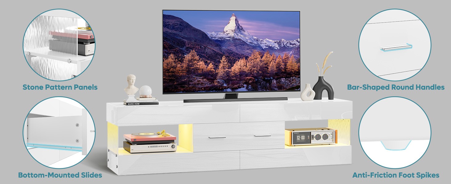 Black TV Stand for 55/60/65 Inch TV, High Gloss Modern TV Stand with