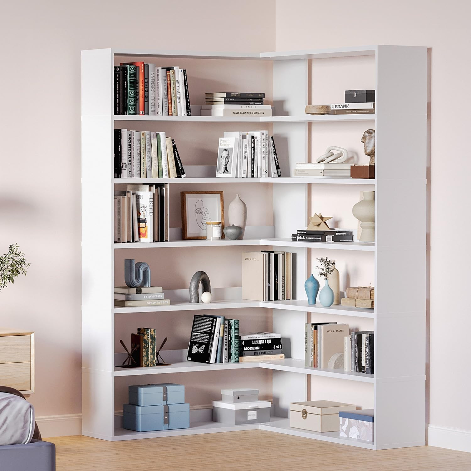 71.5″ Tall L-Shaped Corner Bookshelf, 6-Tier 35.2″ Wide Wooden Bookcase with Sto