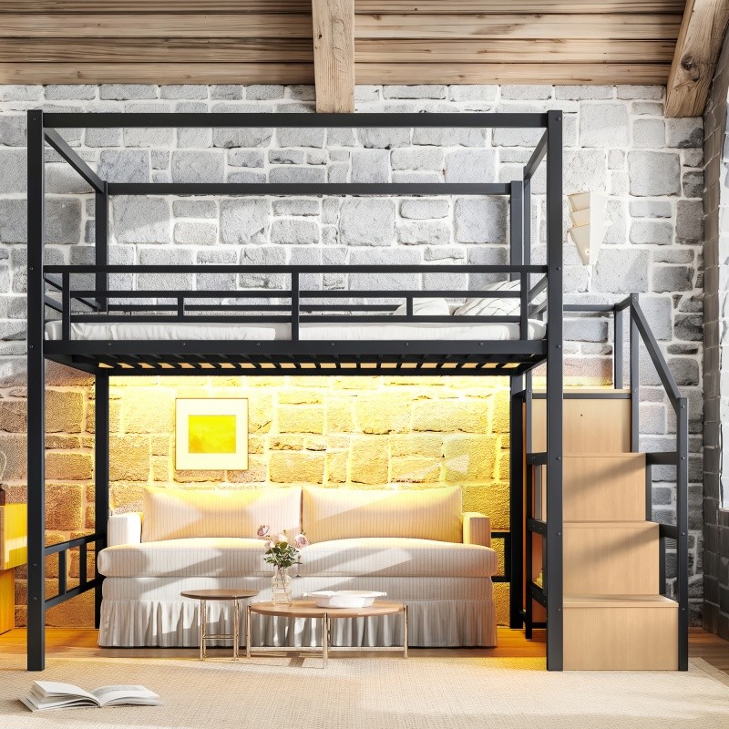 Queen Loft Bed with Storage Stairs & Wardrobe,Metal Loft Bed w/Canopy LED Frame