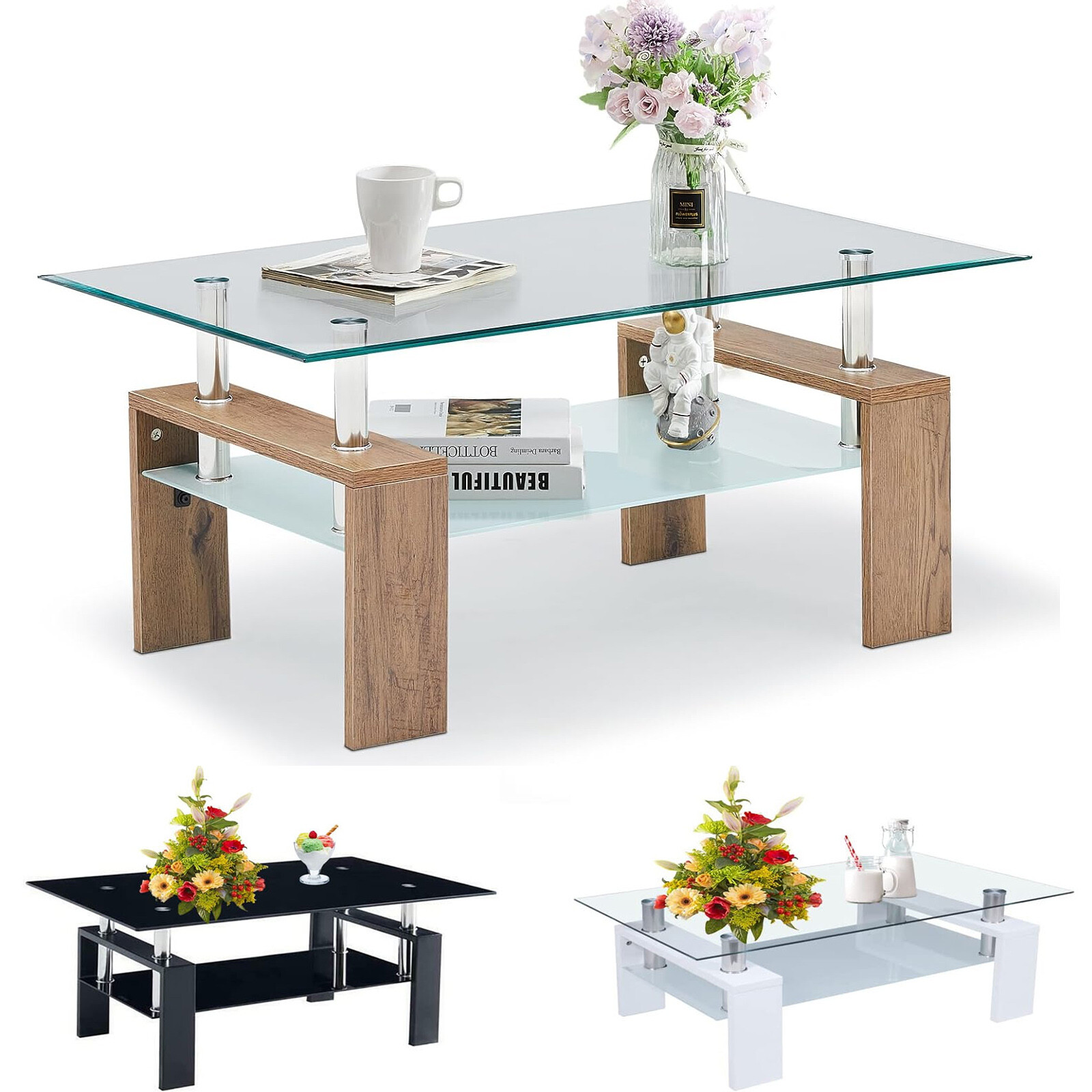 Living Room Coffee Table Glass Tabletop Modern Side Table with Lower Shelf Home