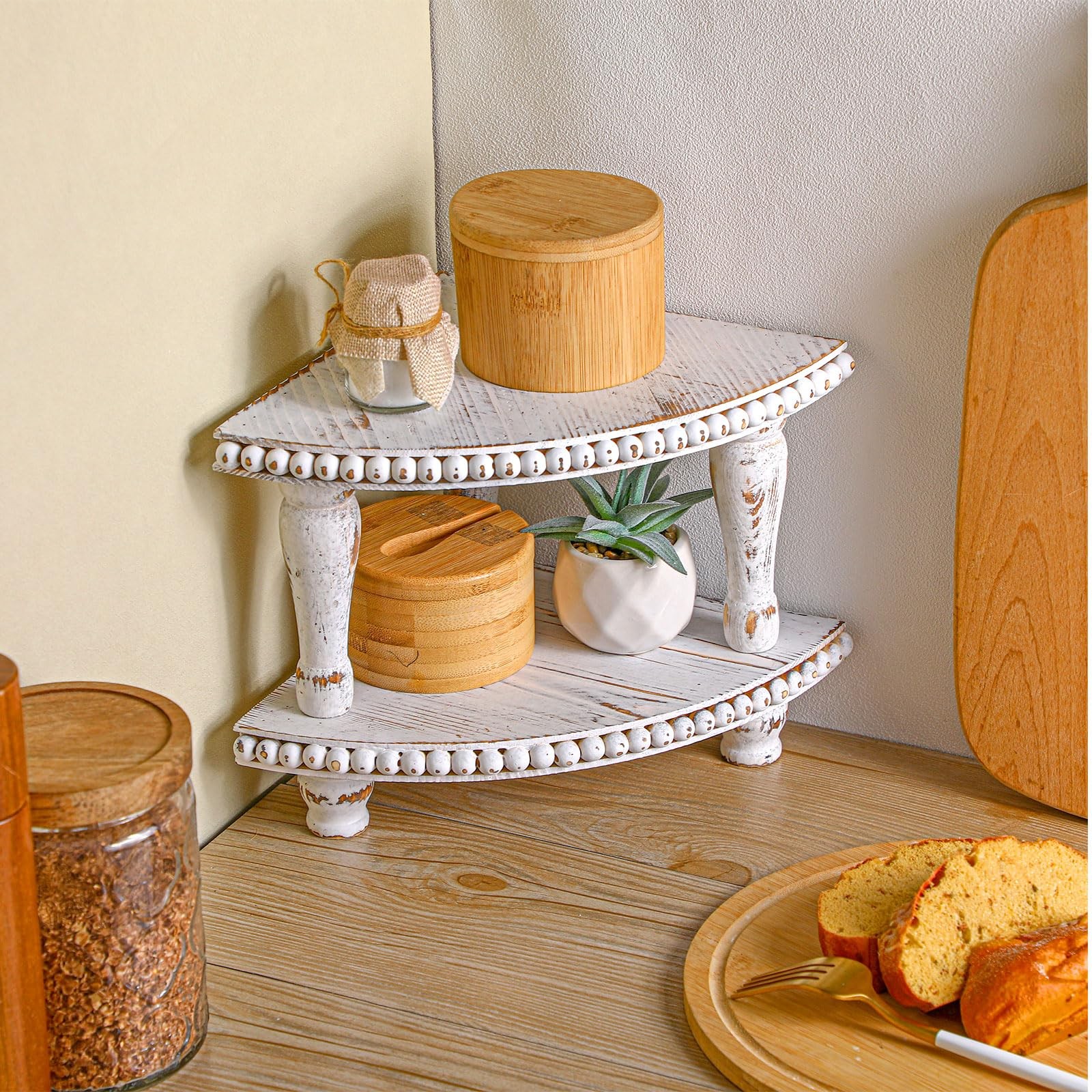 Kigley 2 Tiered Corner Riser for Kitchen Counter Wood Beaded Corner Shelf Whi…