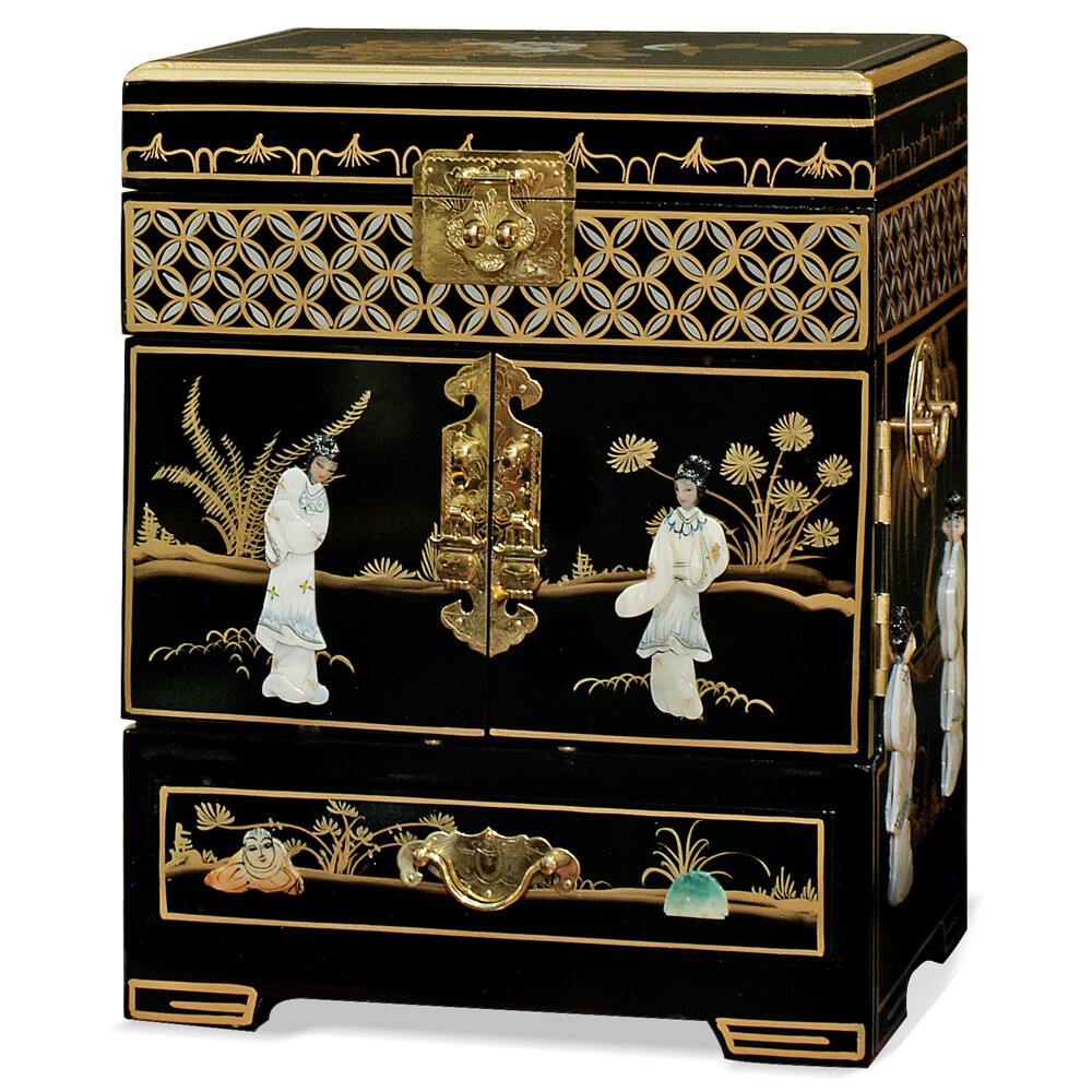 US Seller – Black Lacquer Mother of Pearl Petite Chinese Jewelry Chest