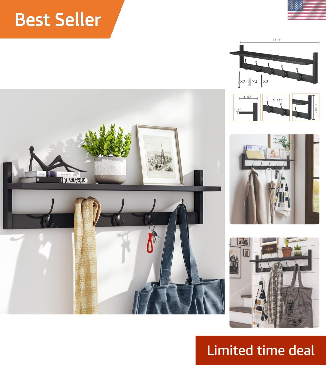 Handcrafted 28.9-Inch Wall Shelf with Hooks – Ideal for Home Organization