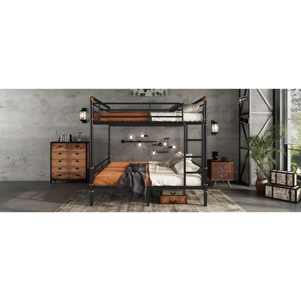 Industrial Queen Over Queen Metal Bunk Bed Detachable Frame Safety Guardrails