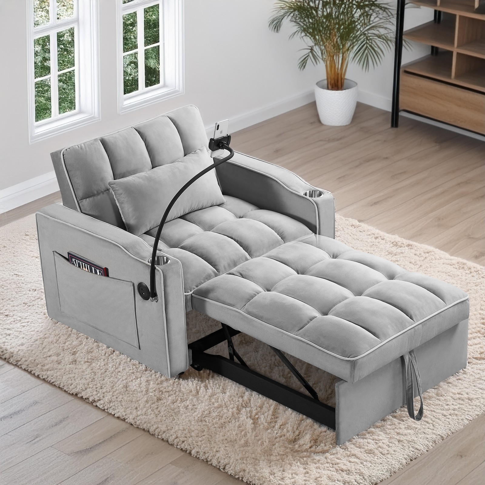 Adjustable Sofa Bed 3-in-1 Convertible Chair Sleeper Bed with Type C & USB Port